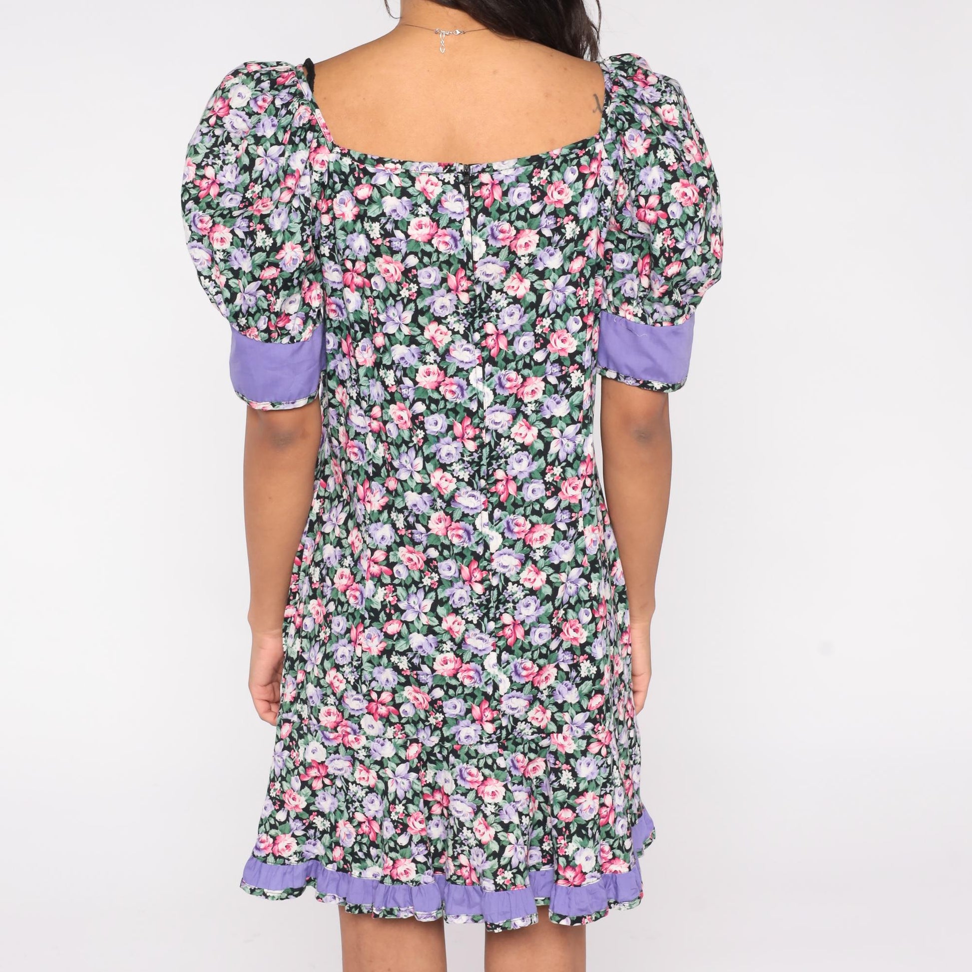 90s Floral Mini Dress Puff Sleeve Sweetheart Neckline Lilac Trim Cotton Large