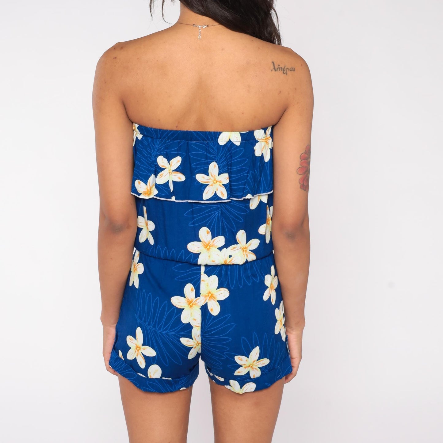 Y2K Favant Hawaii Strapless Romper Blue Floral Plumeria Print Small S