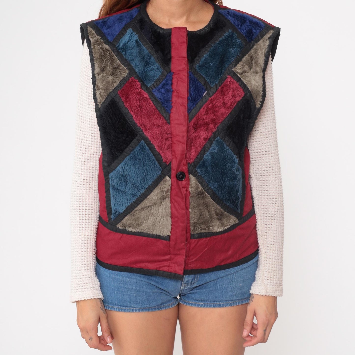 80s Patchwork Faux Fur Vest Burgundy Navy Geometric Colorblock Medium