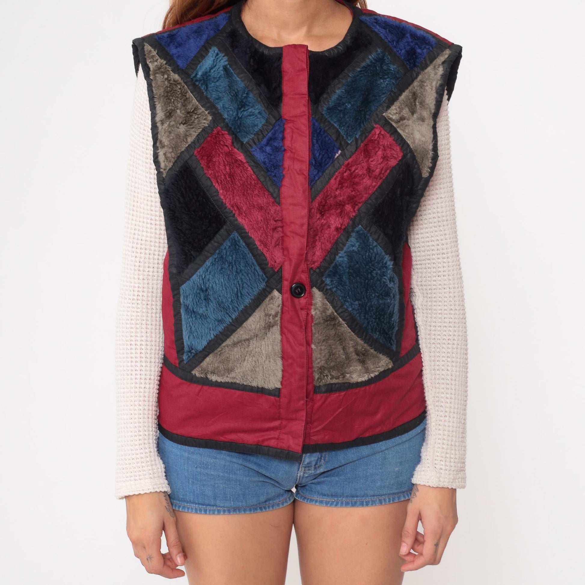 80s Patchwork Faux Fur Vest Burgundy Navy Geometric Colorblock Medium
