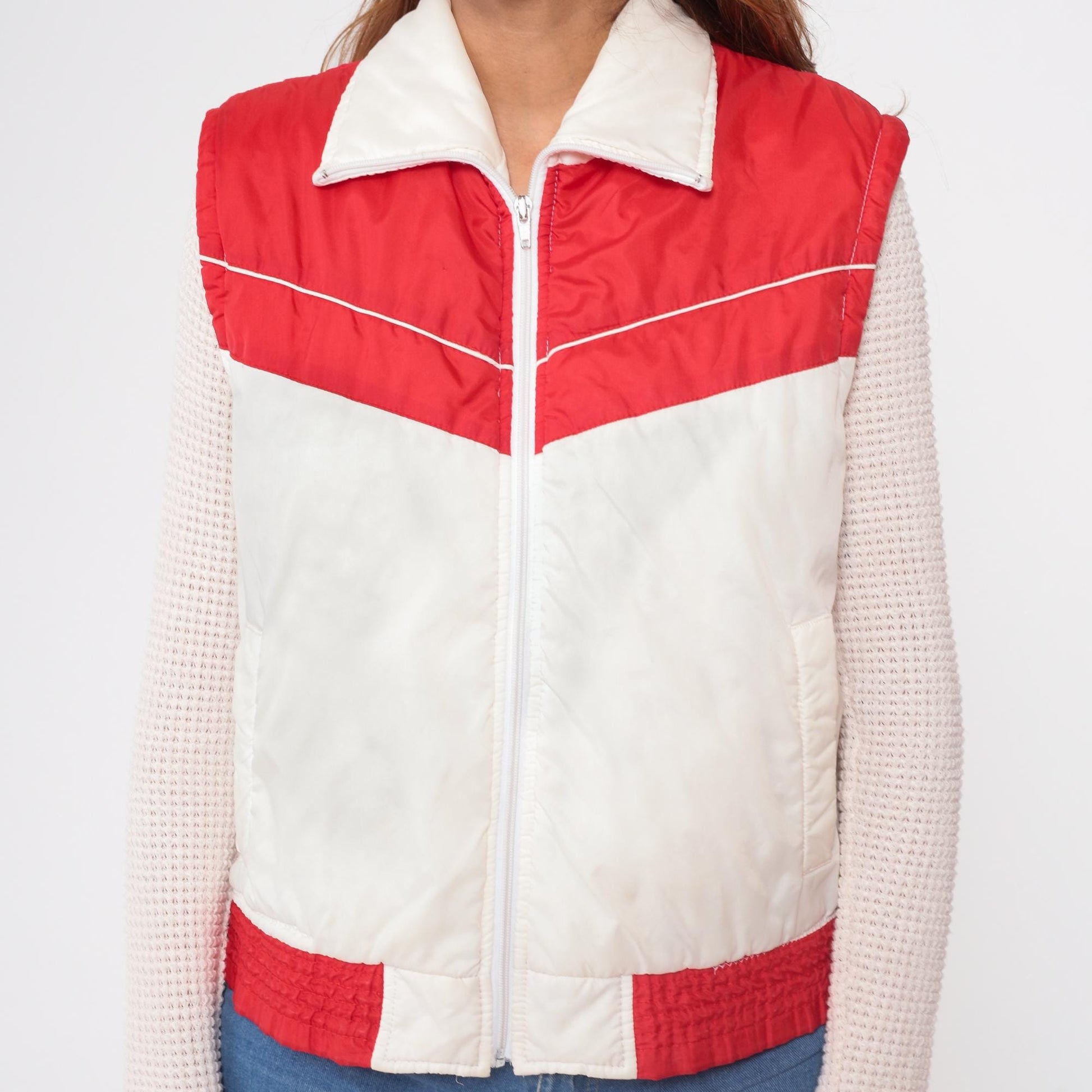 80s Red White Puffer Vest Western Yoke Sleeveless Zip Jacket Medium