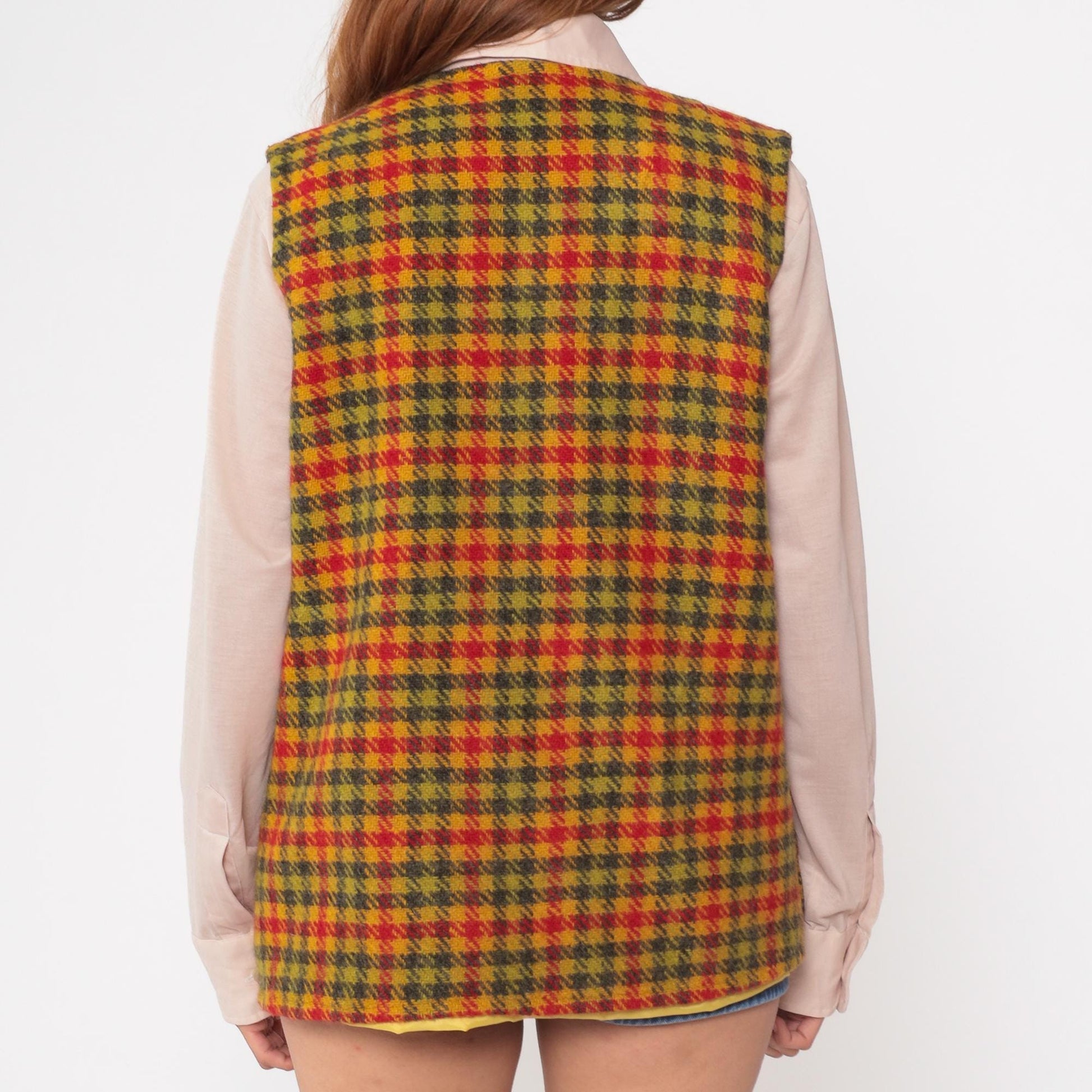 70s Plaid Wool Vest Mustard Red Green Tartan Check Small S