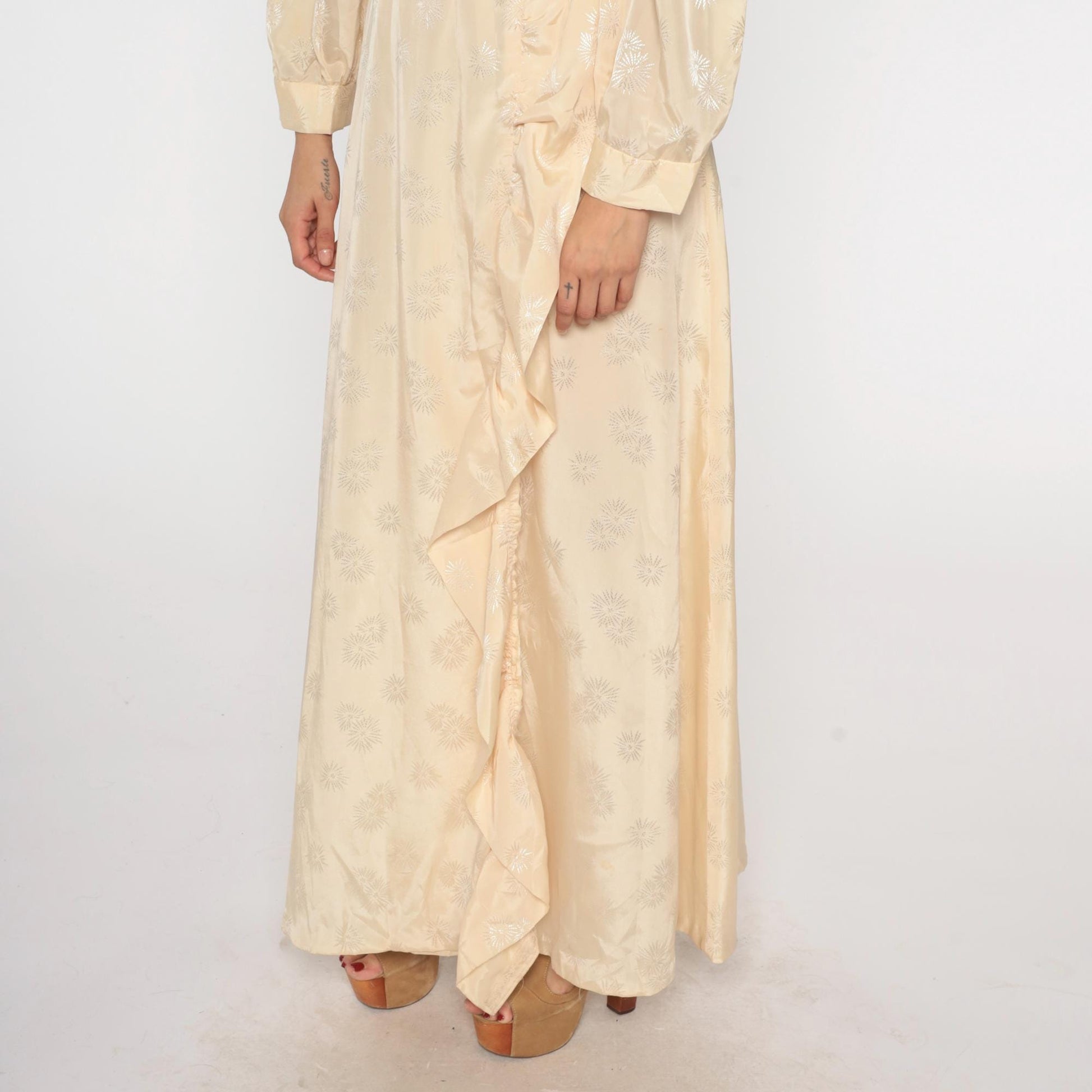 70s Cream Satin Maxi Dress Embroidered Ruffle Slit Bishop Sleeves Small