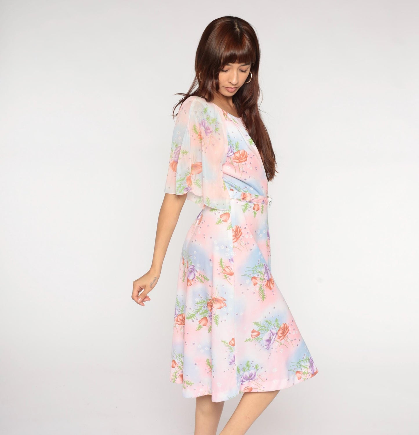 70s Lane Bryant Floral Midi Dress Pink Blue Rose Print Peter Pan Collar Large