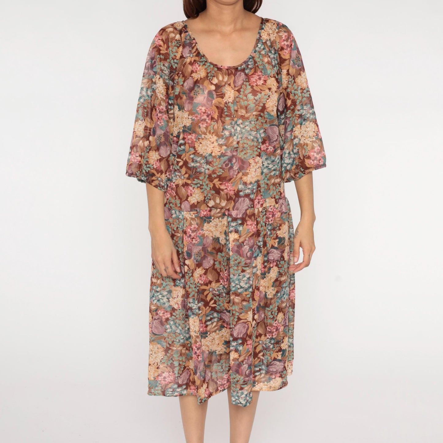 1970s Brown Floral Midi Dress Bishop Sleeve Earth Tone Mauve Teal Large