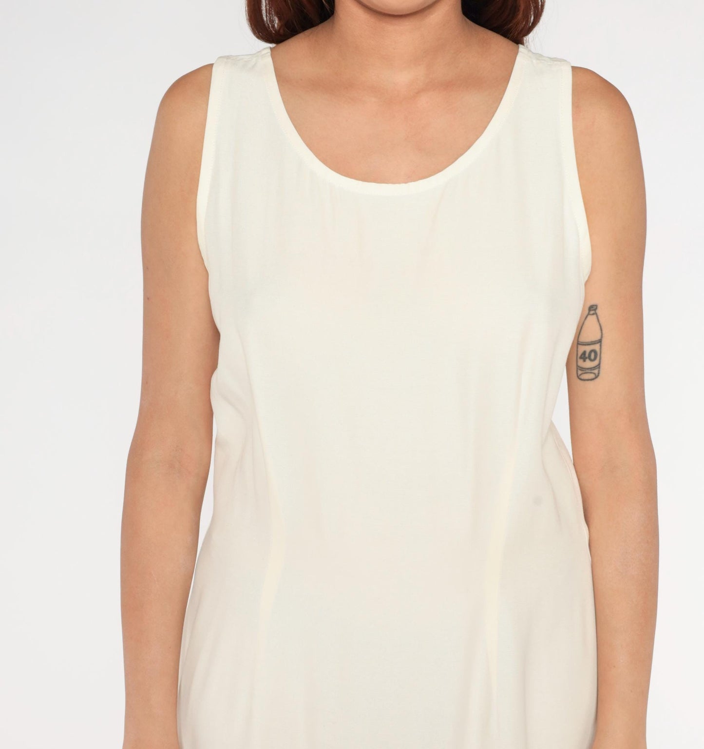 90s Ivory Sleeveless A-Line Dress Pleated Hem Drop Waist Scoop Neck Large