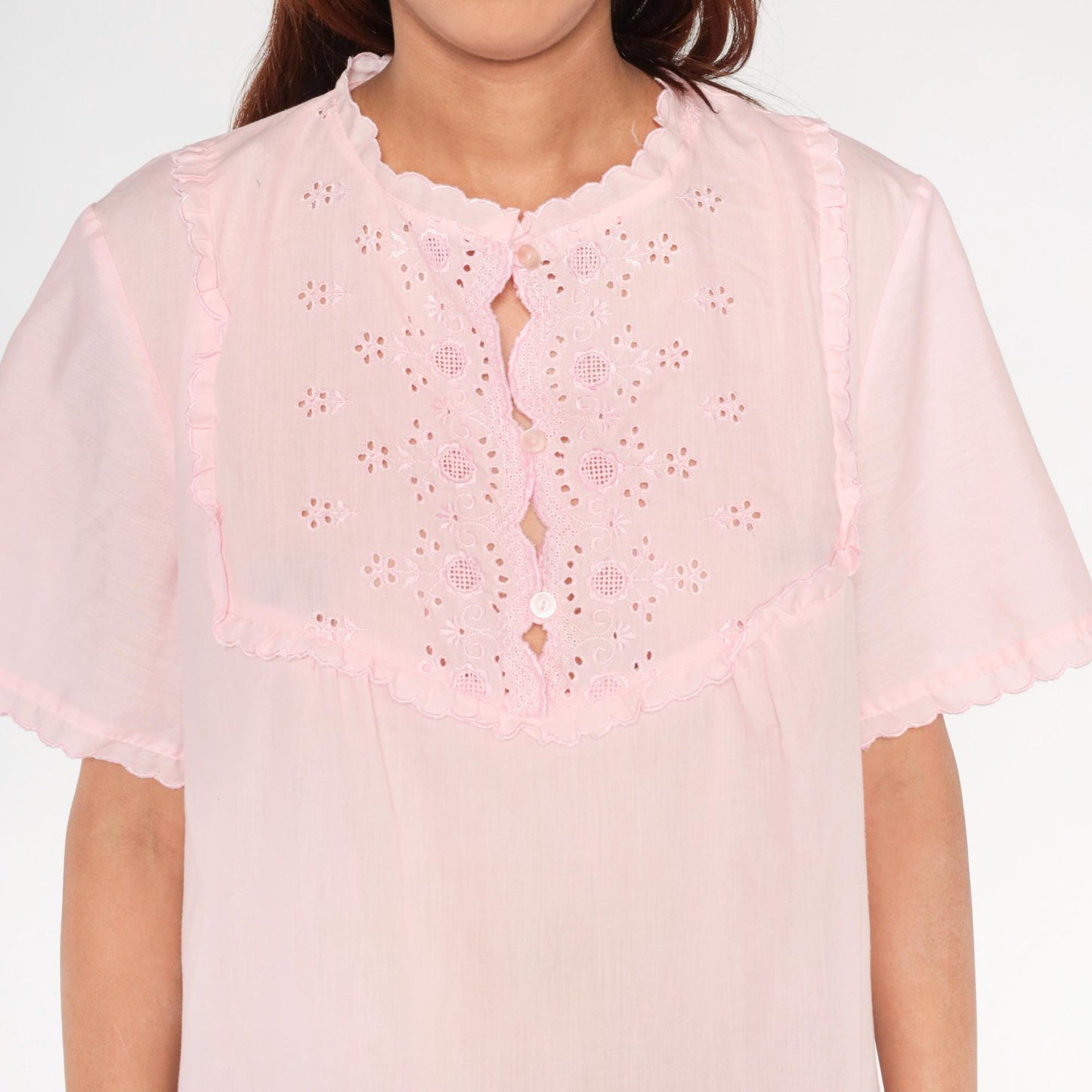 80s Miss Broadway Pink Eyelet Lace Nightgown Button Front Short Sleeve Large