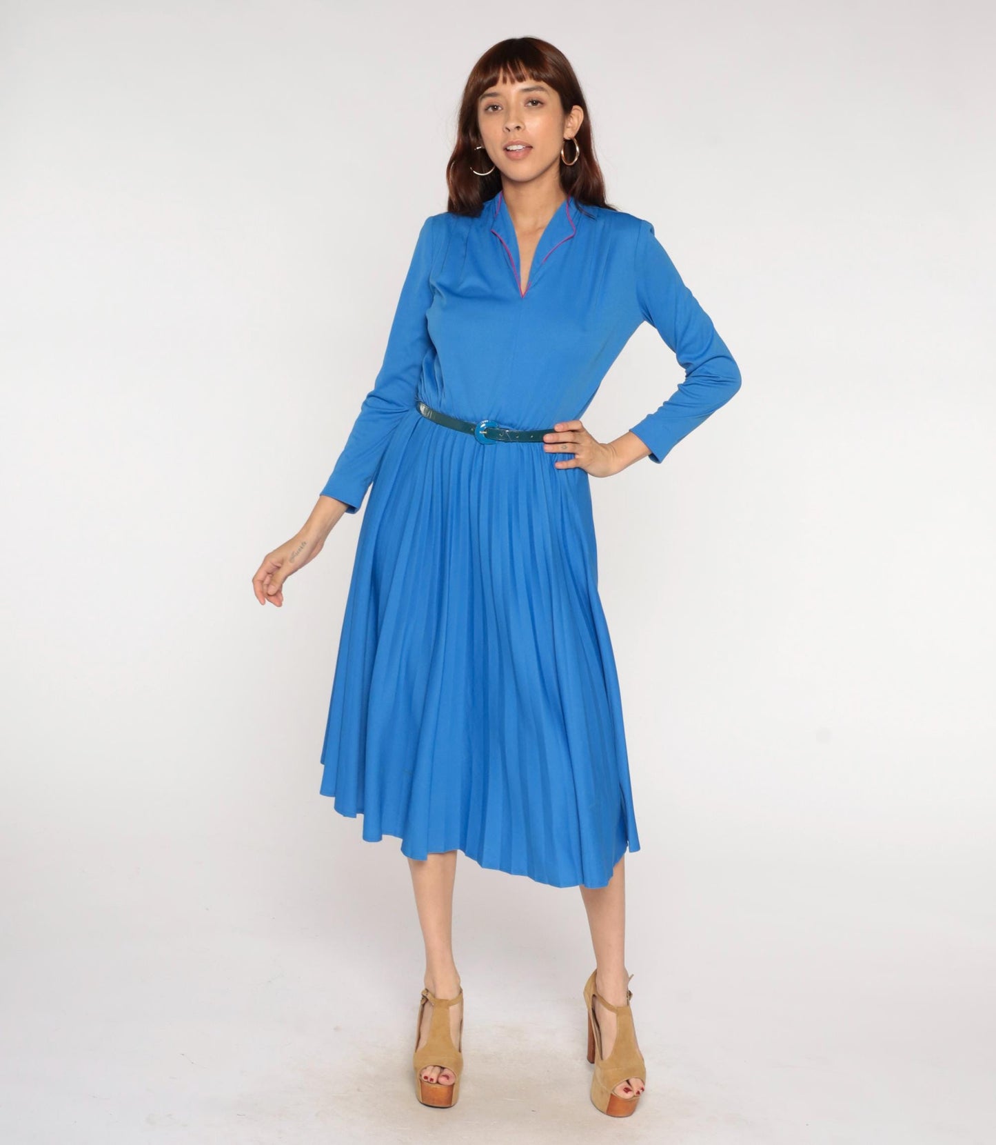 70s Royal Blue Midi Dress Red Piping Notch Collar Pleated Skirt Belt Medium Large