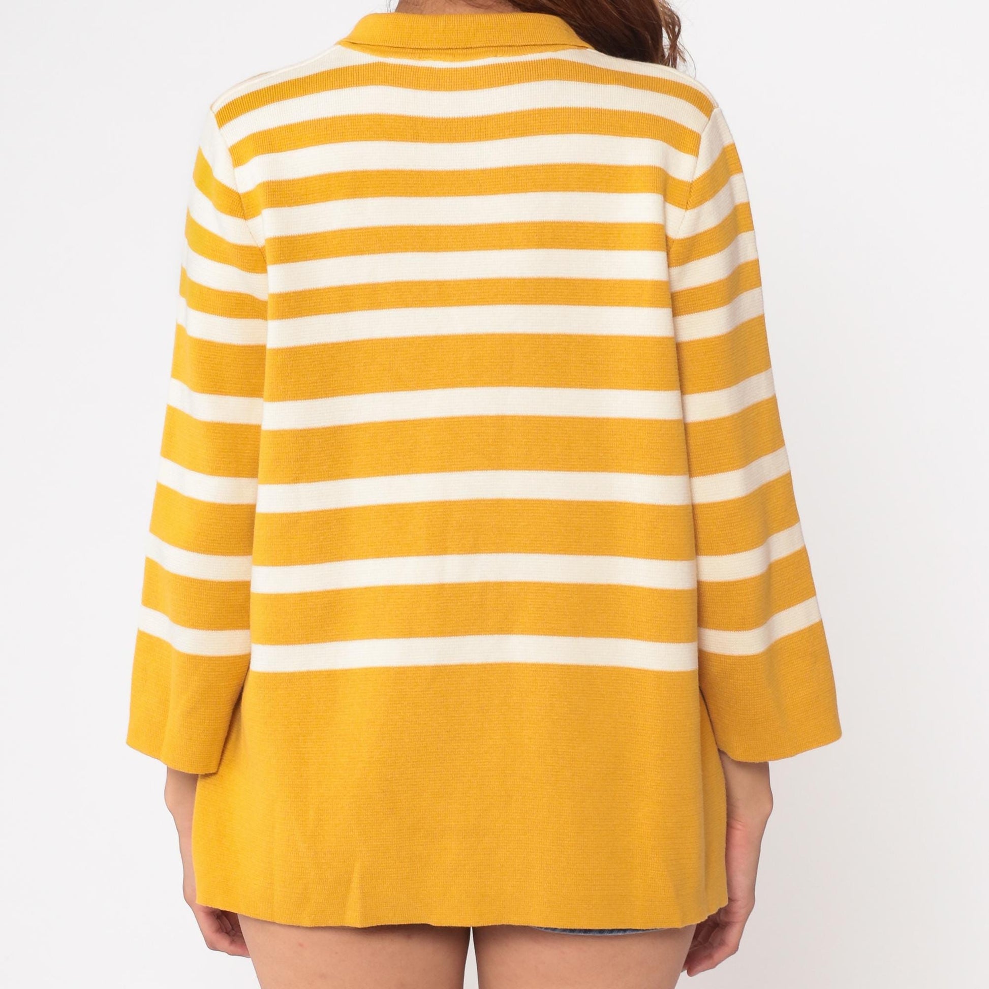 Y2K Liz Claiborne Mustard Striped Cardigan Pointed Collar Large L