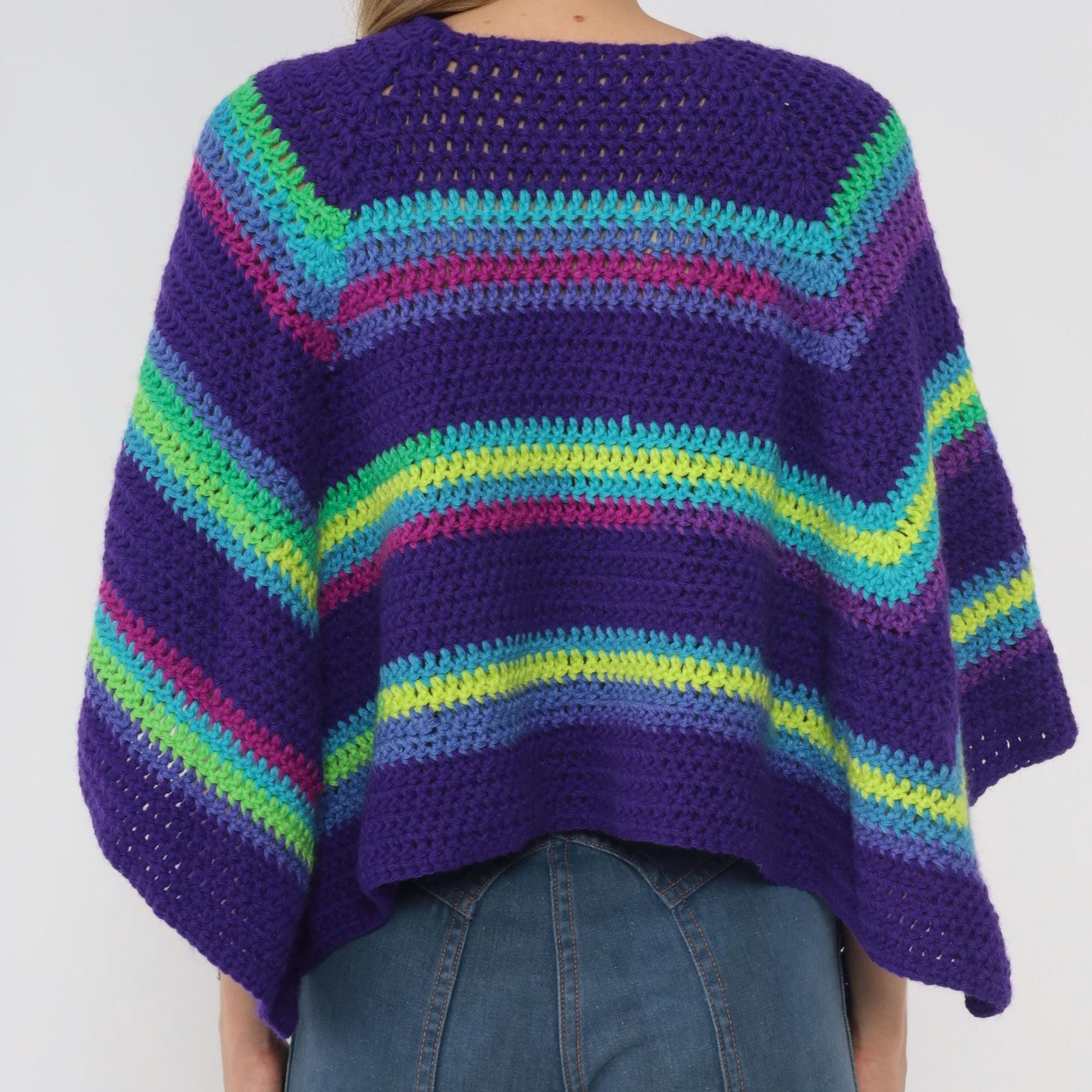 90s Purple Crochet Poncho Rainbow Stripe Square Neck One Size