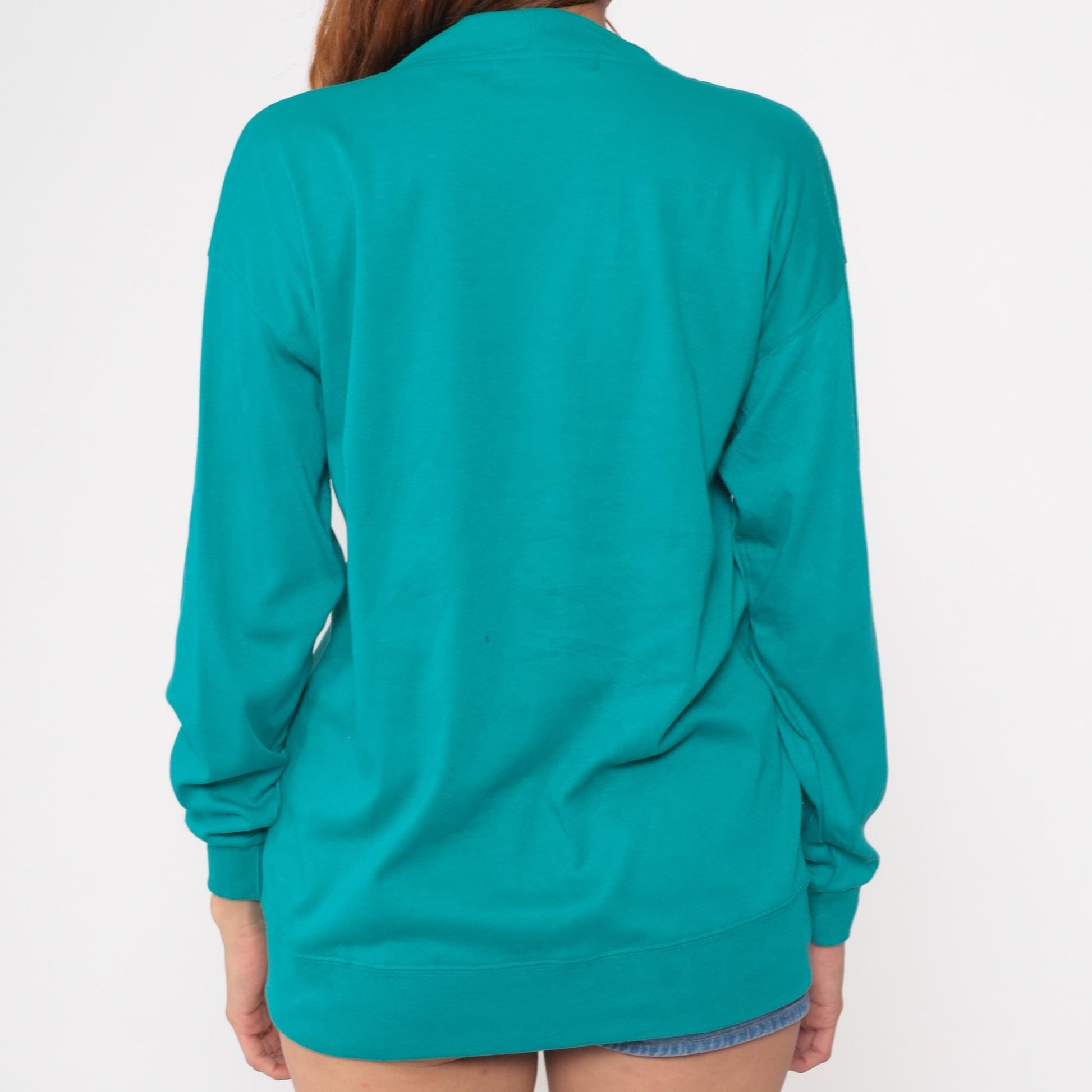 90s Teal Deep V-Neck Cardigan Cotton Blend Silver Buttons Pockets Small