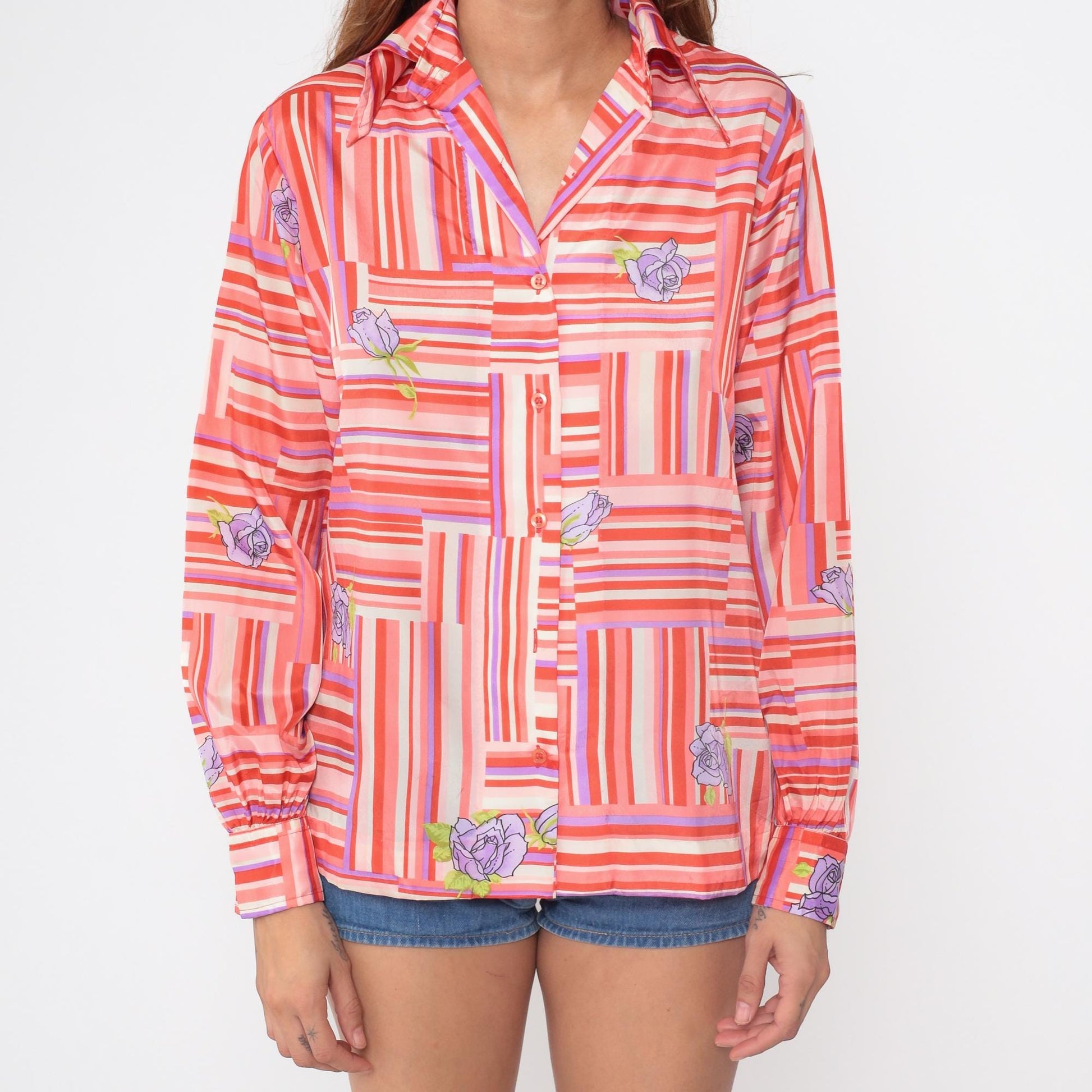 70s Coral Striped Floral Blouse Geometric Patchwork Purple Rose Button Down Large