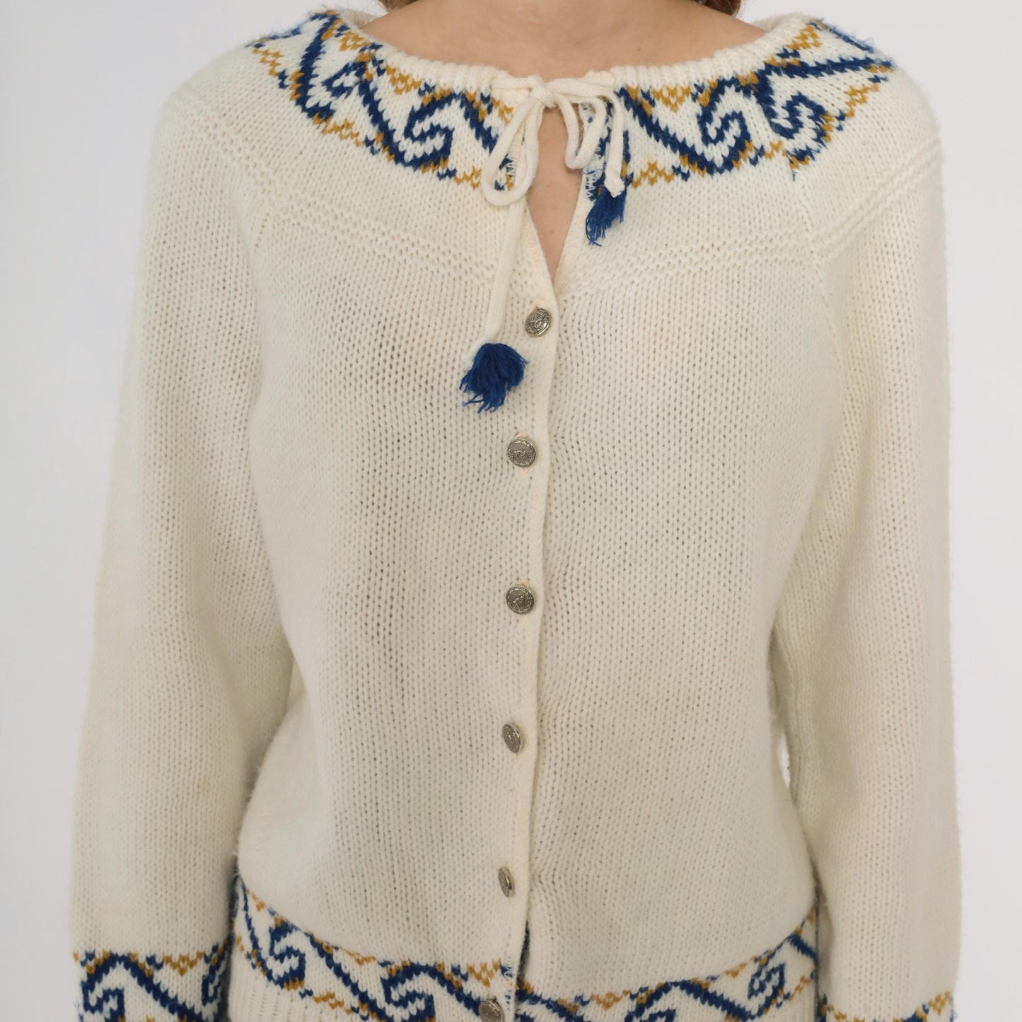 70s Nordic Folk Cardigan Cream Blue Gold Pattern Button Front Medium