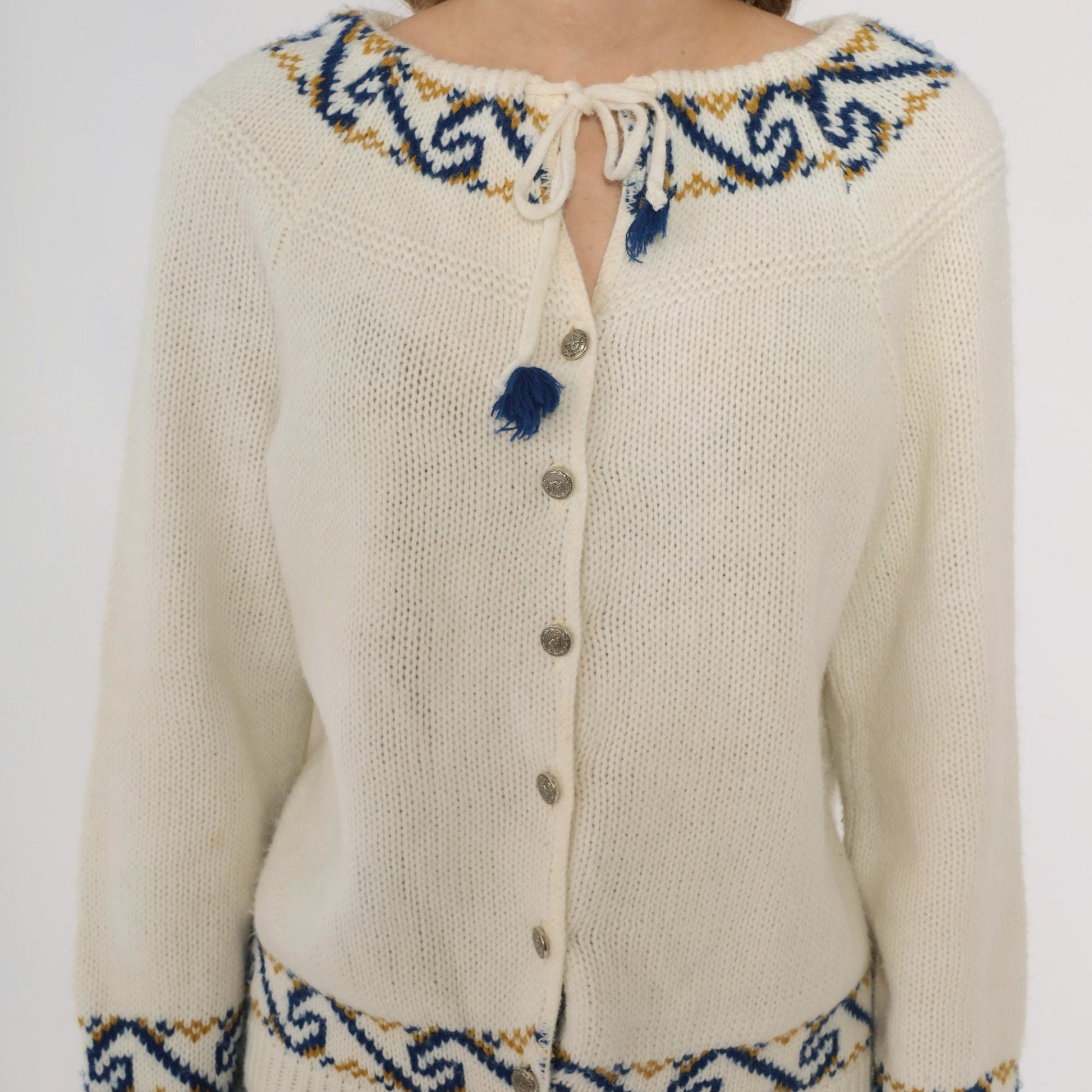 70s Nordic Folk Cardigan Cream Blue Gold Pattern Button Front Medium