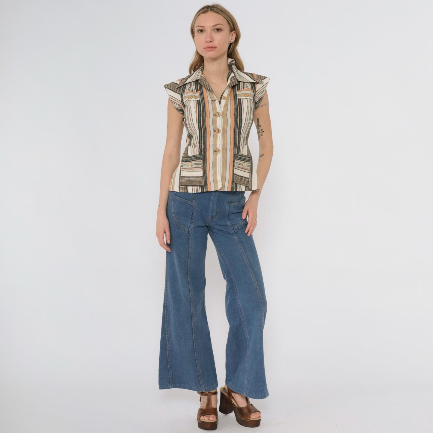 70s Earth Tone Striped Button-Front Blouse Cap Sleeve Pointed Collar XS