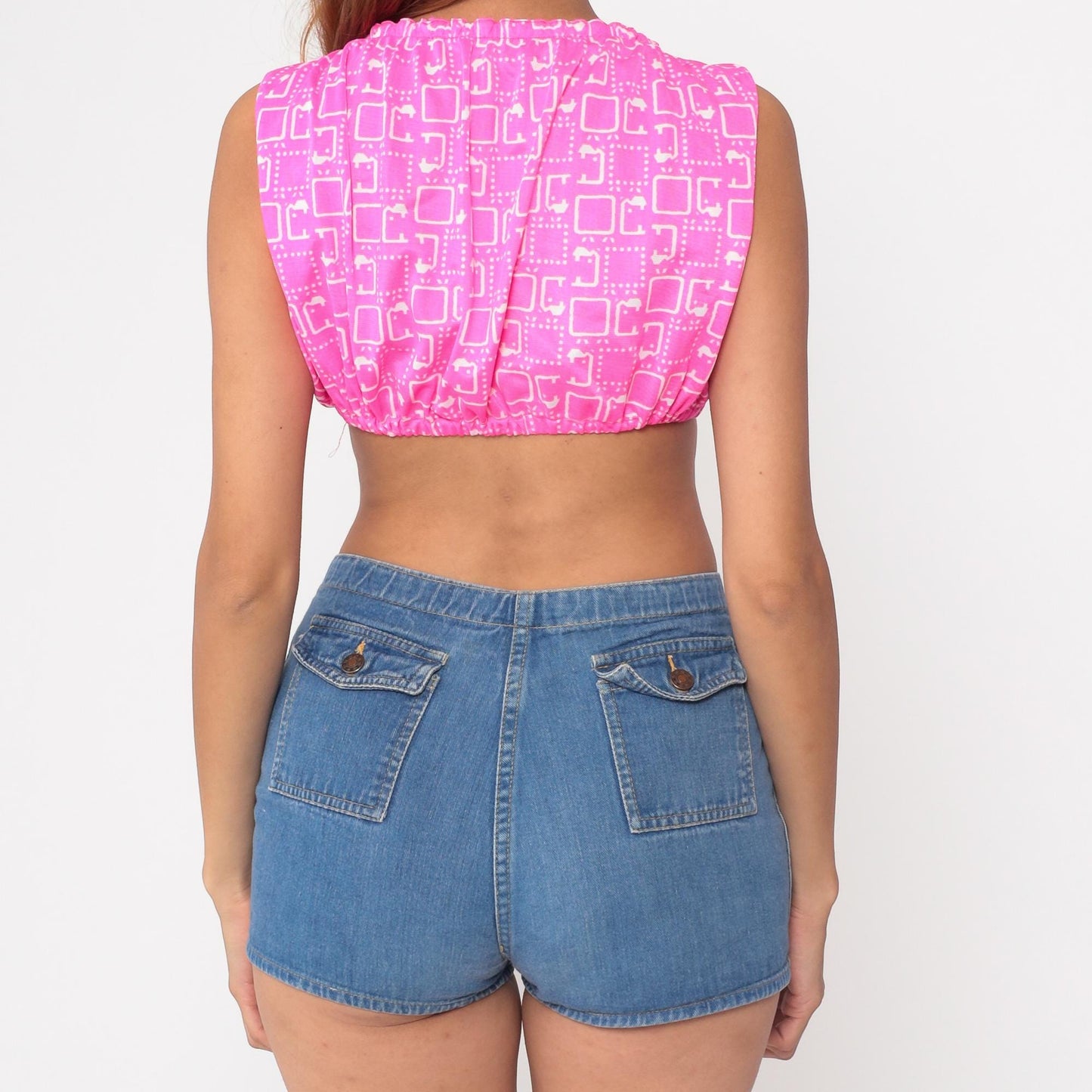 60s Pink Geometric Mod Crop Top Sleeveless Blouse White Print Extra Small XS