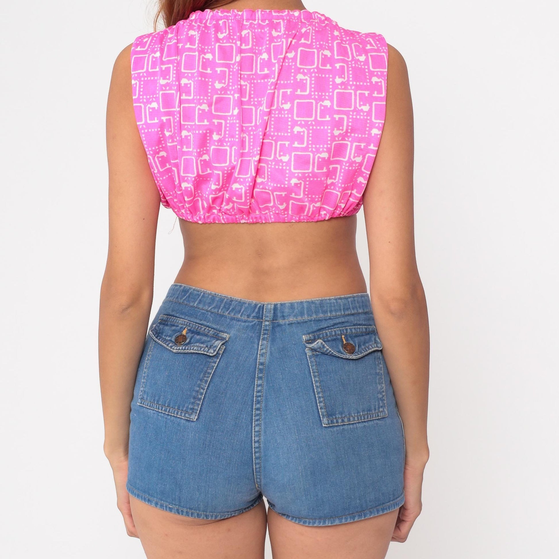 60s Pink Geometric Mod Crop Top Sleeveless Blouse White Print Extra Small XS