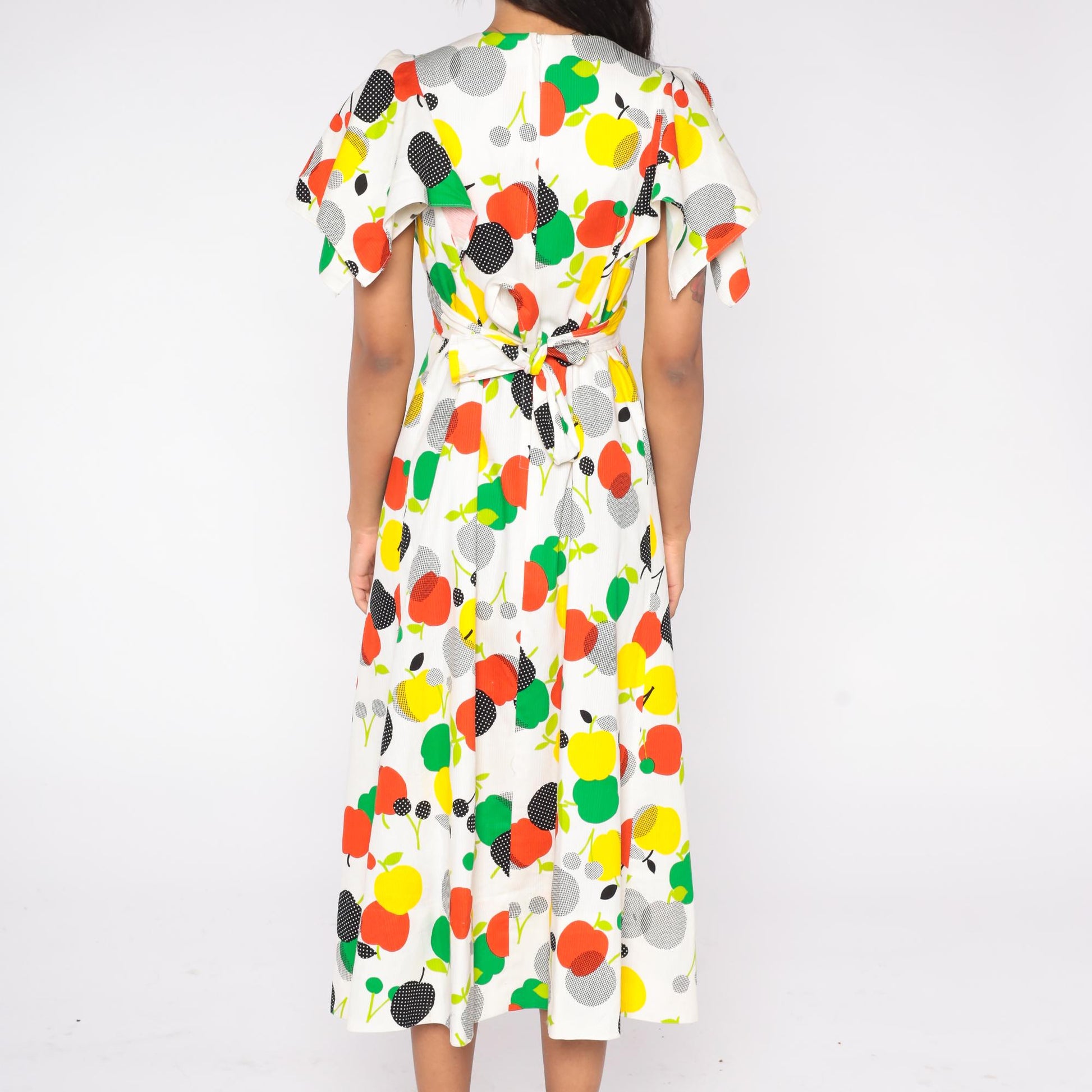70s Apple Fruit Print Cotton Sundress Flutter Sleeve V-Neck White Medium