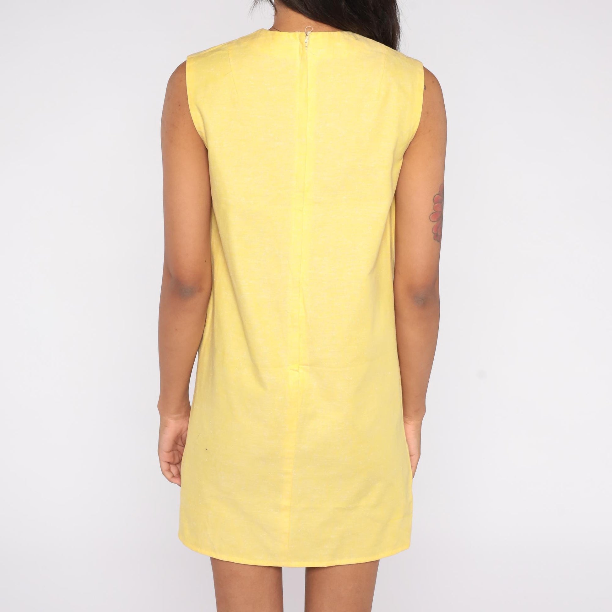 60s Yellow Mini Shift Dress Mod Sleeveless Crew Neckline Small S