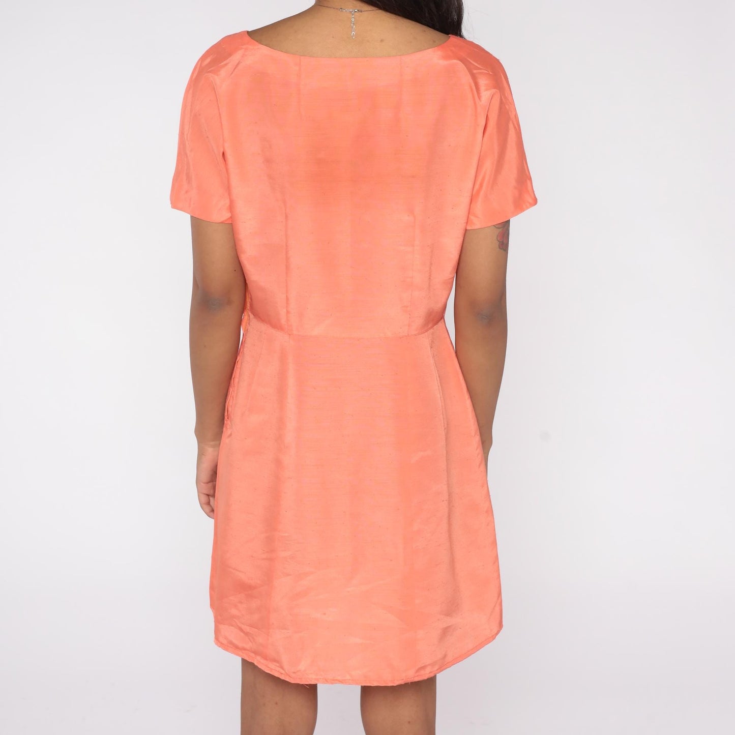 50s Coral Peach Boat Neck Midi A-Line Dress Short Sleeve Medium M