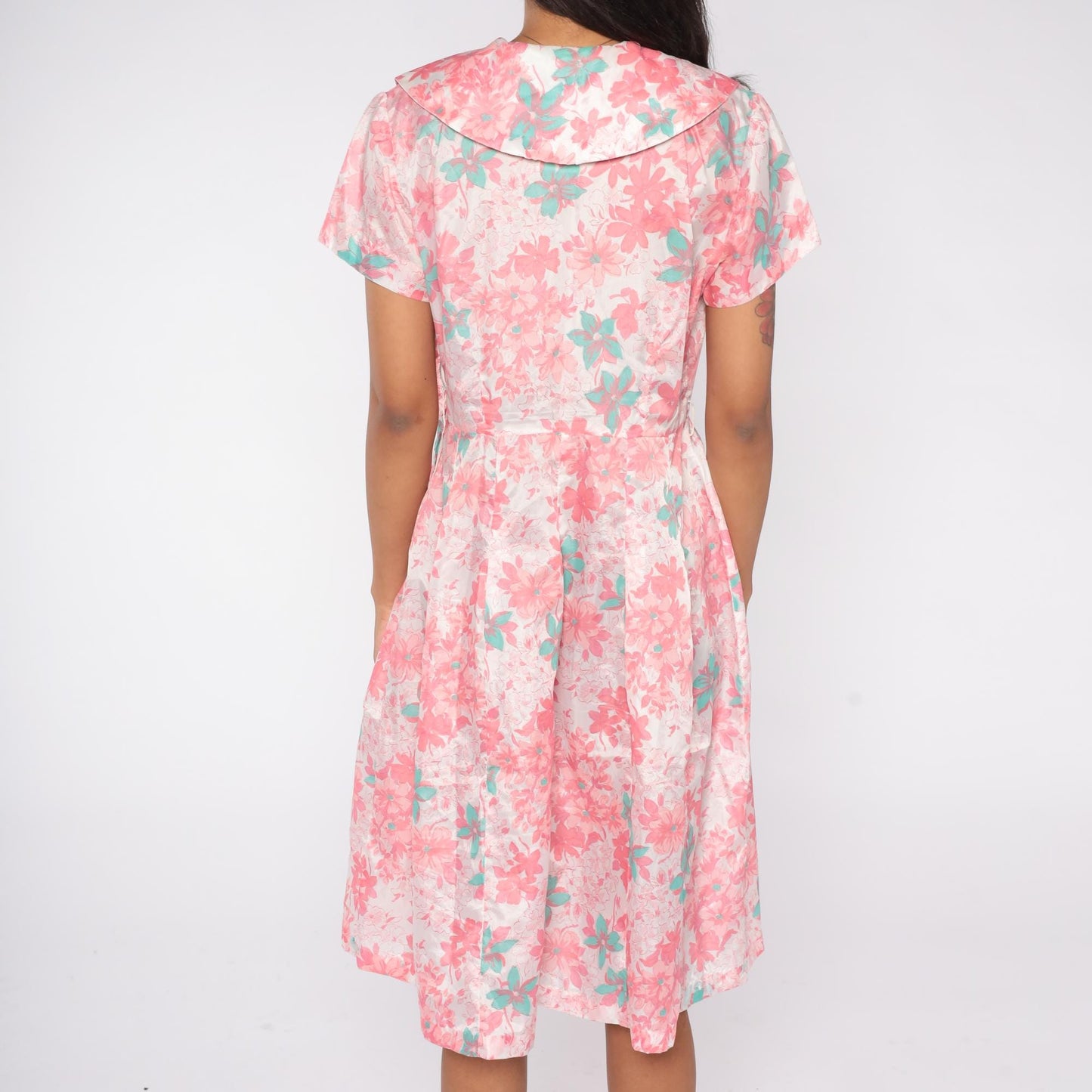 60s Mode O Day Floral Shirt Dress Pink Mint Midi Large L
