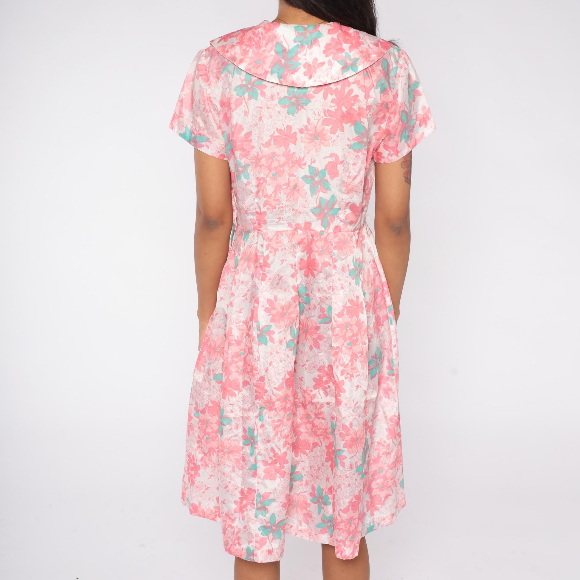 60s Mode O Day Floral Shirt Dress Pink Mint Midi Large L