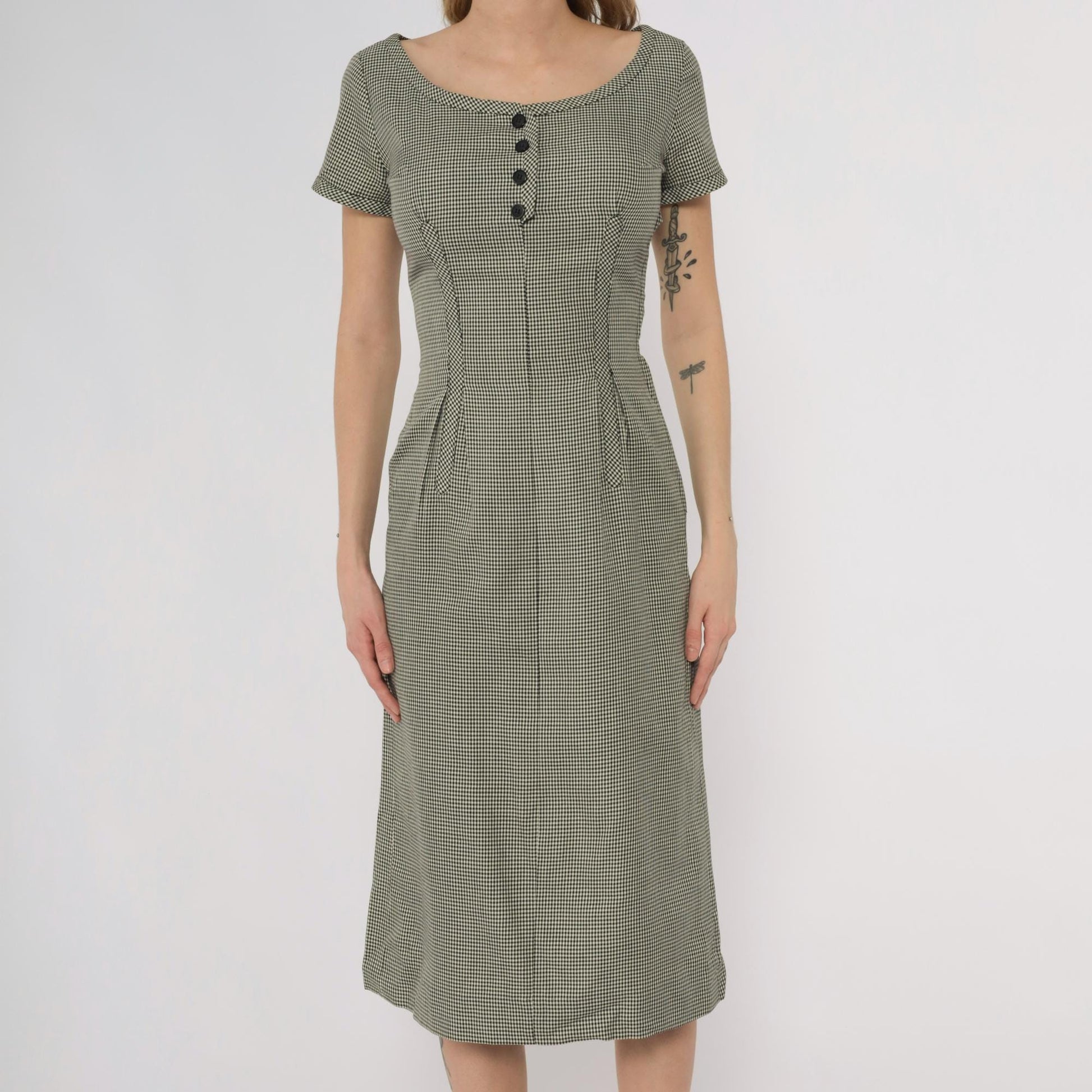 1950s Houndstooth Check Button Front Midi Dress Black White Scoop Neck Extra Small XS