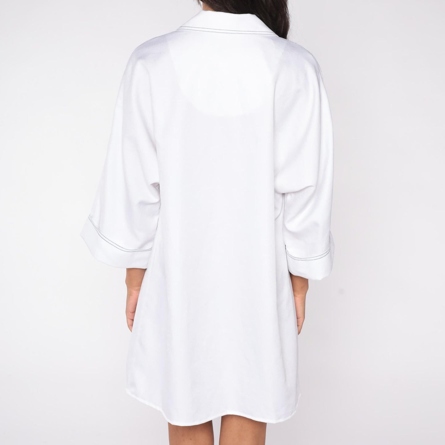 70s Mendel of Dallas White Shirt Dress Black Contrast Stitching Three Quarter Sleeve Extra Large XXL