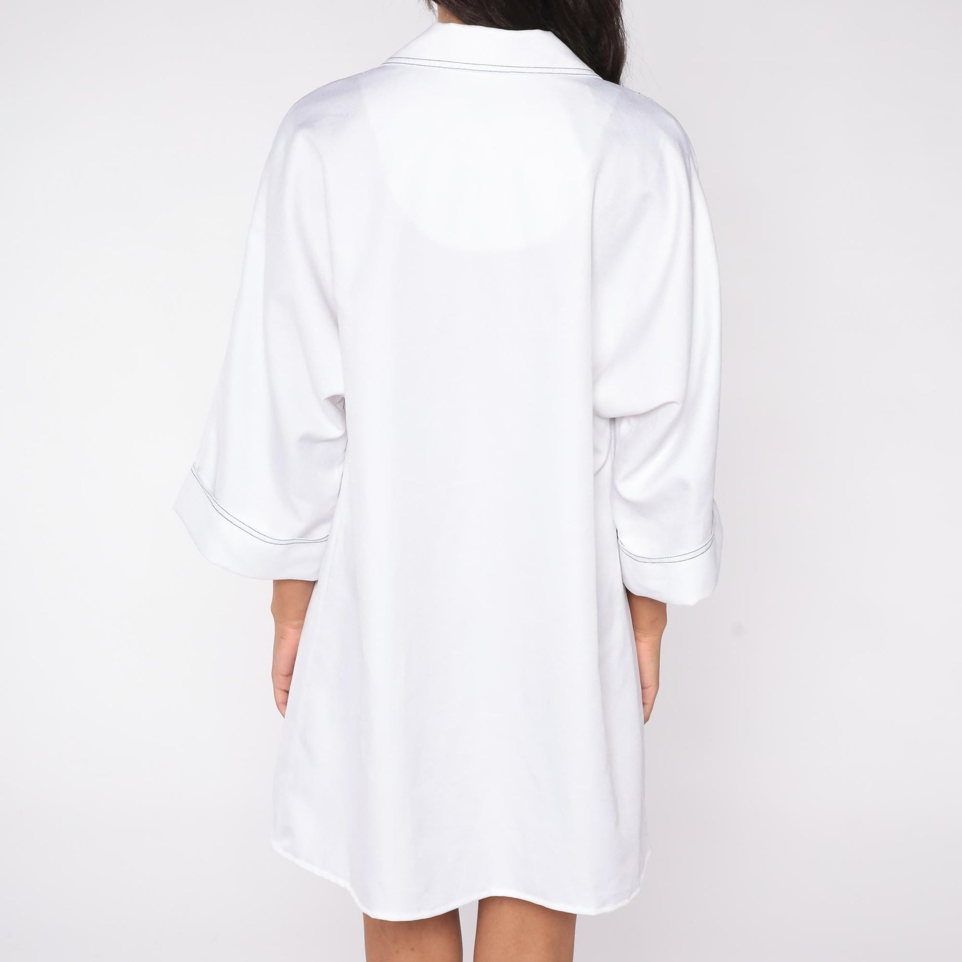 70s Mendel of Dallas White Shirt Dress Black Contrast Stitching Three Quarter Sleeve Extra Large XXL