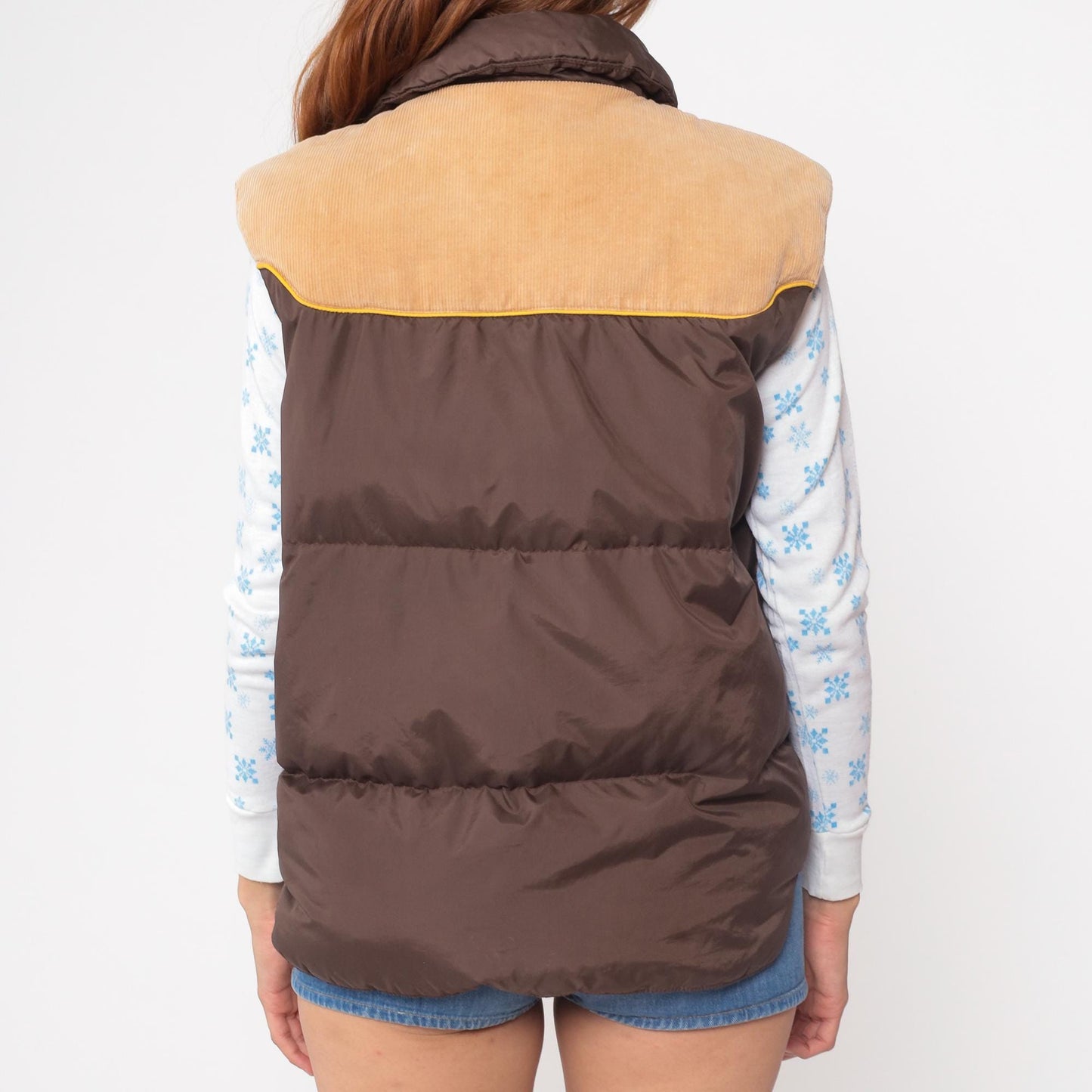 70s Down Hill Western Puffer Vest Brown Corduroy Nylon Snap Front Medium