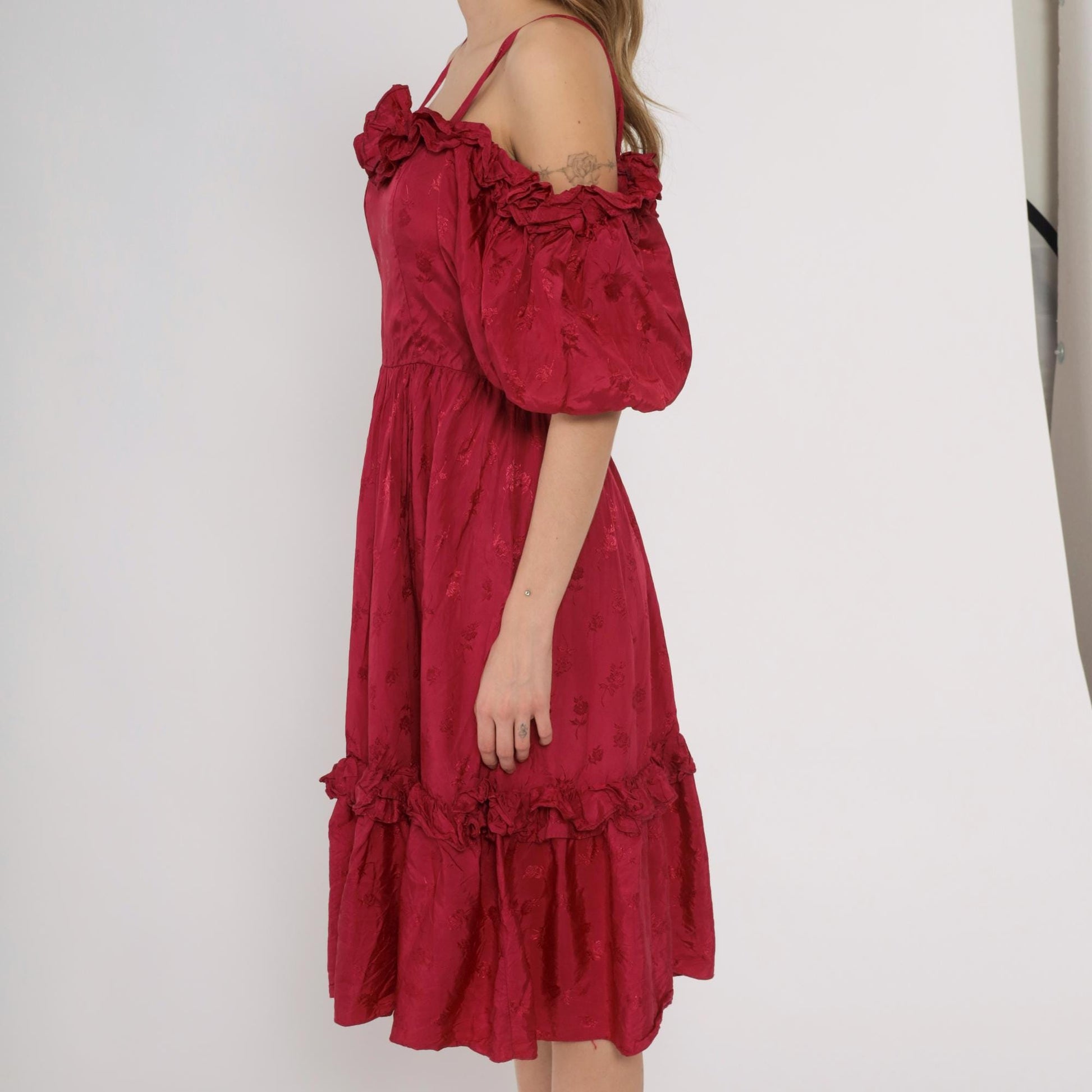 80s Burgundy Off-Shoulder Midi Dress Puff Sleeve Tiered Ruffle Small