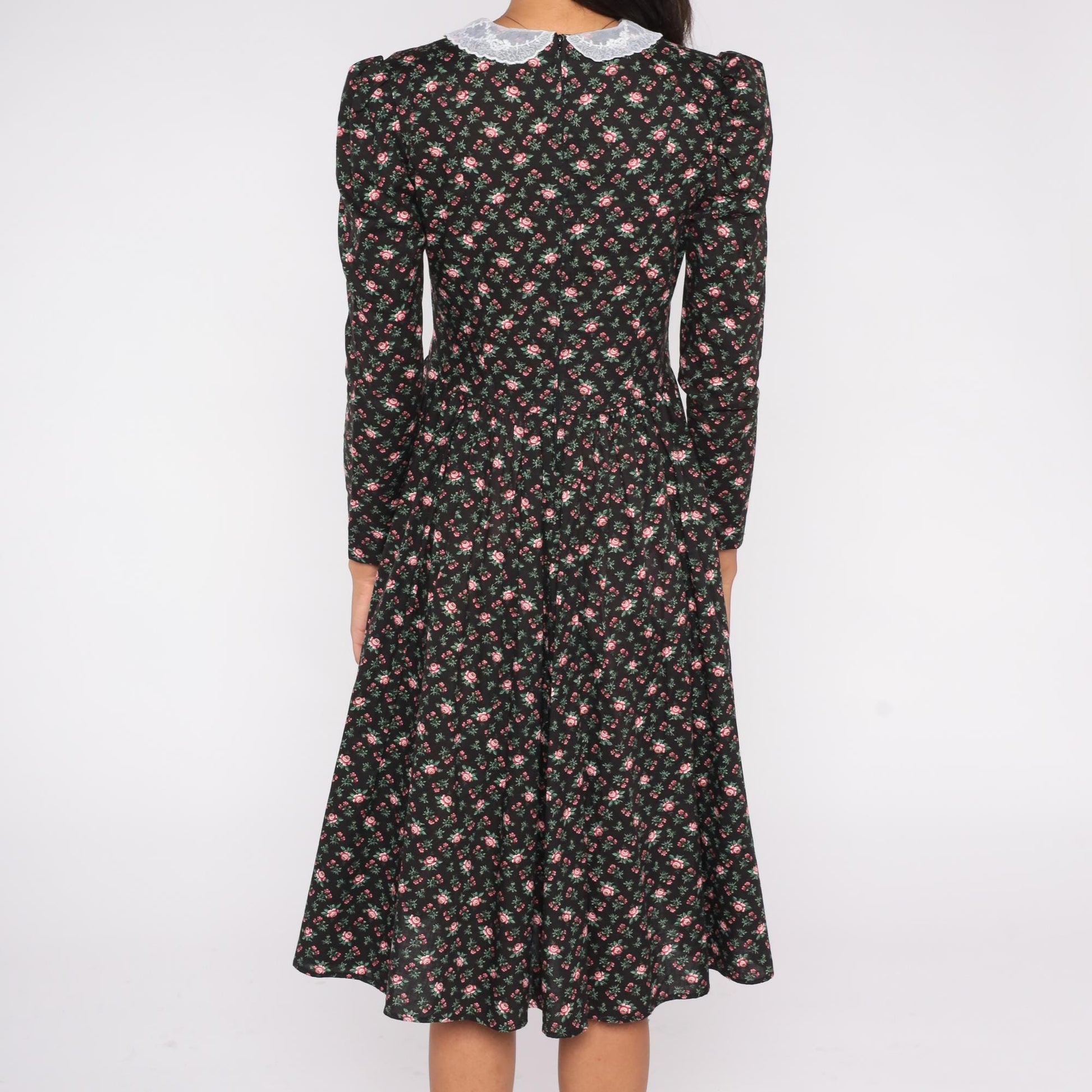 70s Floral Prairie Dress Rose Print Black Lace Collar Midi Medium M