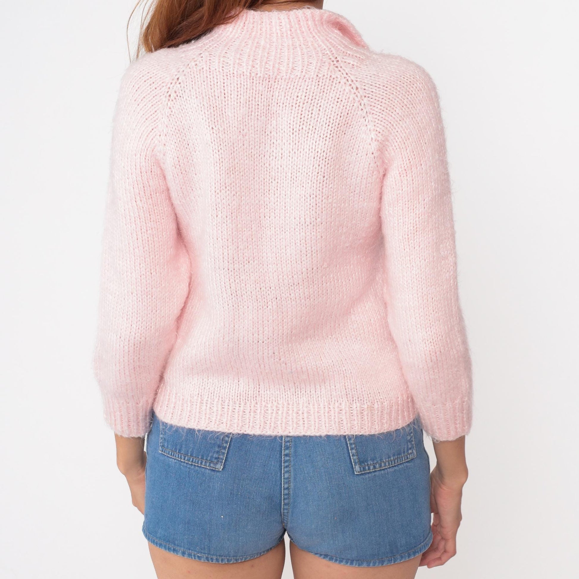 80s Pink Cable Knit Cardigan Cropped Three-Quarter Sleeve Small