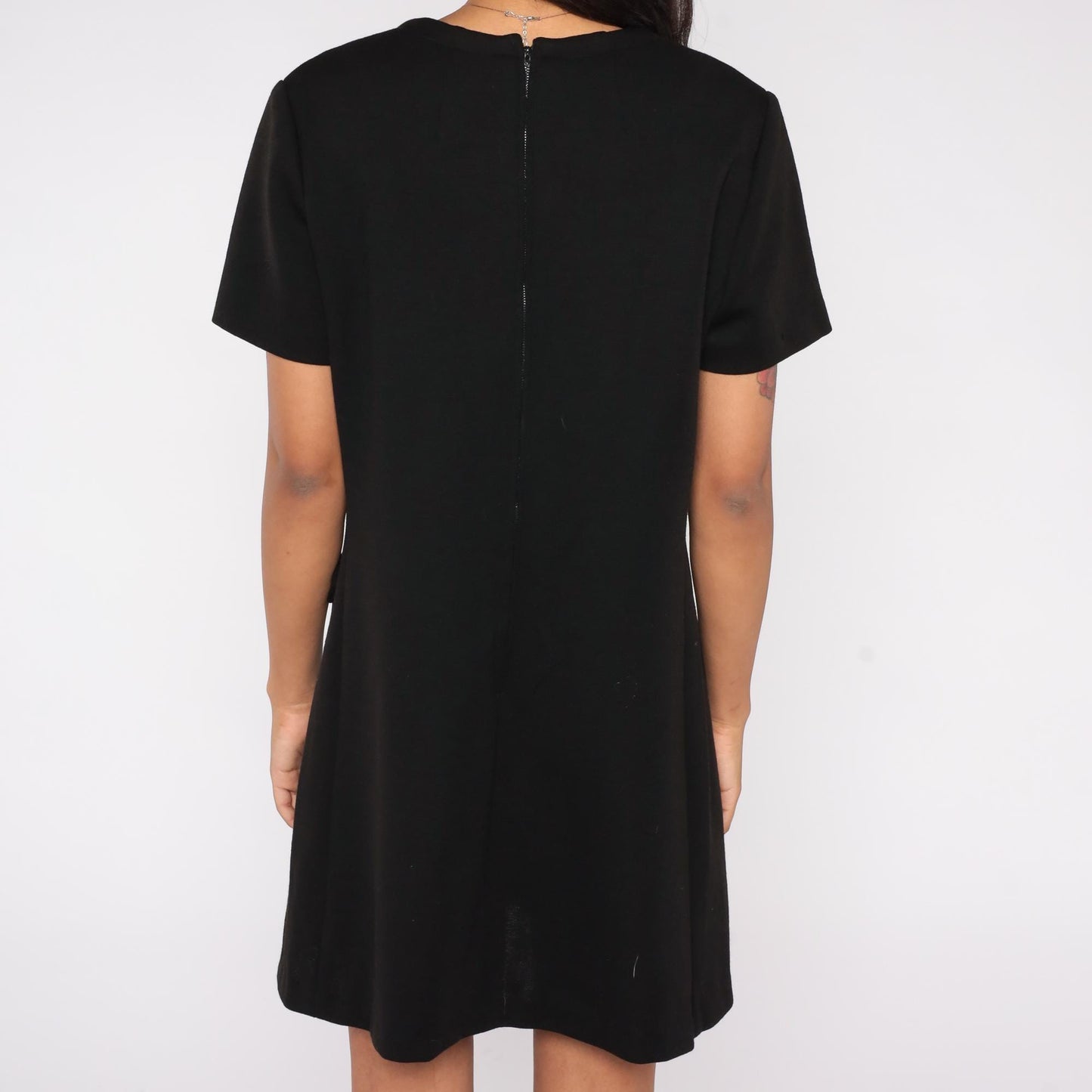 60s Black Wool Mini Shift Dress Short Sleeve Wrap Front Mod Extra Large XL