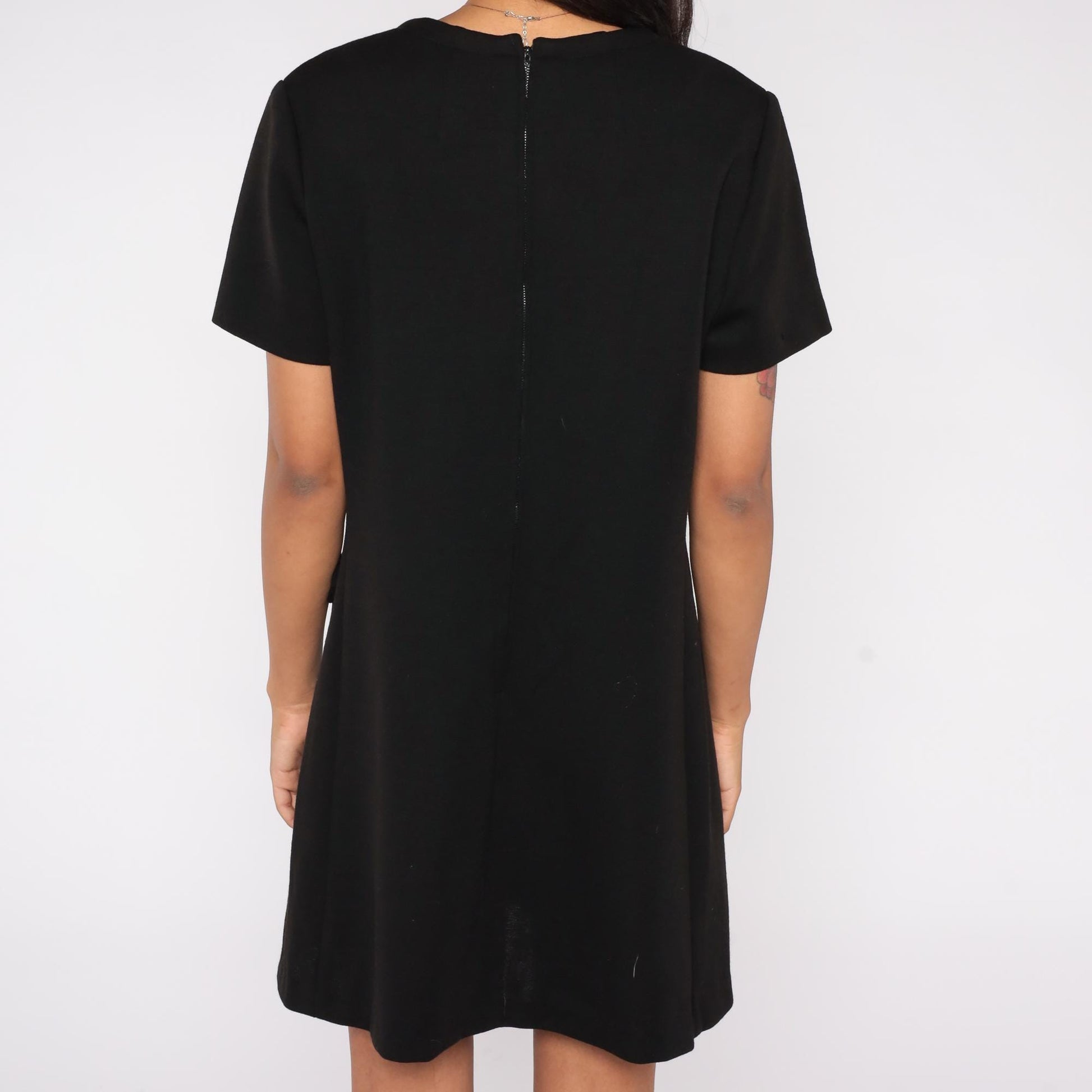 60s Black Wool Mini Shift Dress Short Sleeve Wrap Front Mod Extra Large XL