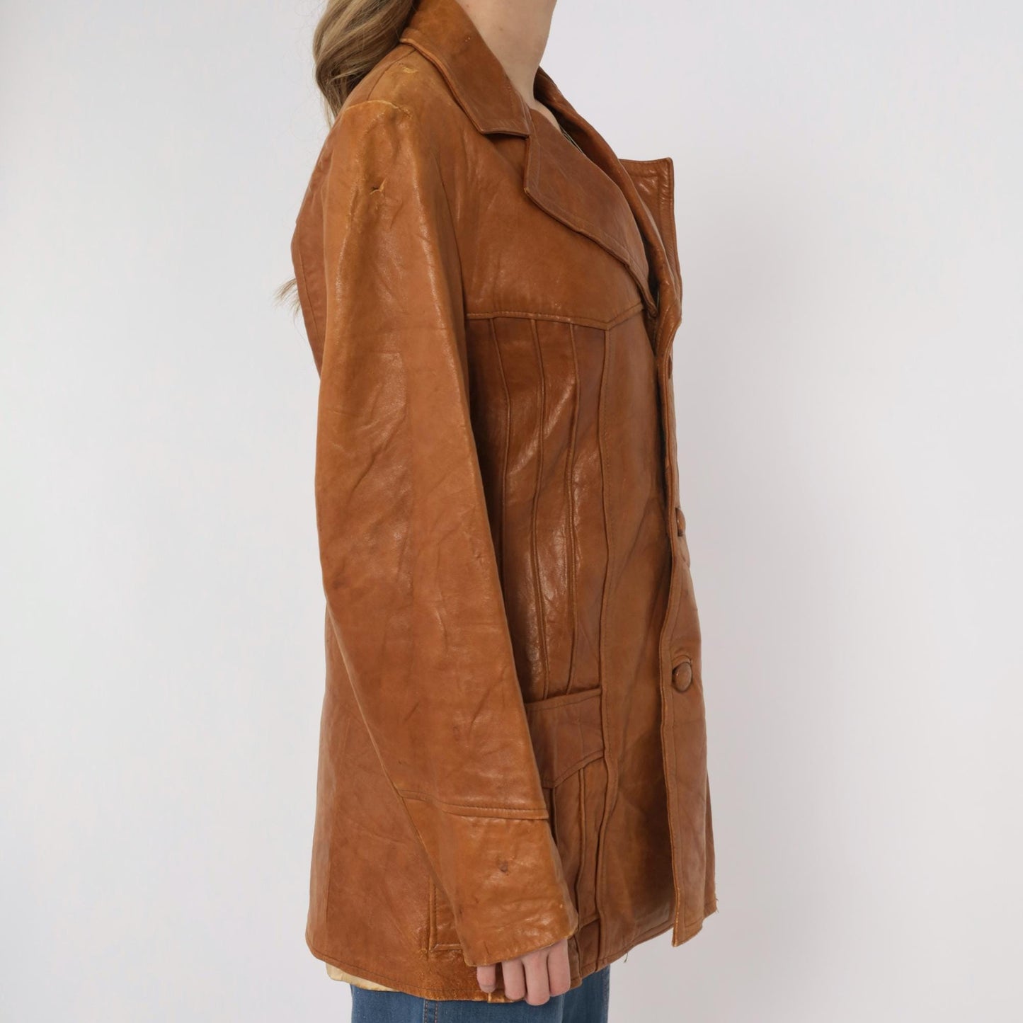 70s Roberts Fine Leather Brown Blazer Button Front Distressed Medium