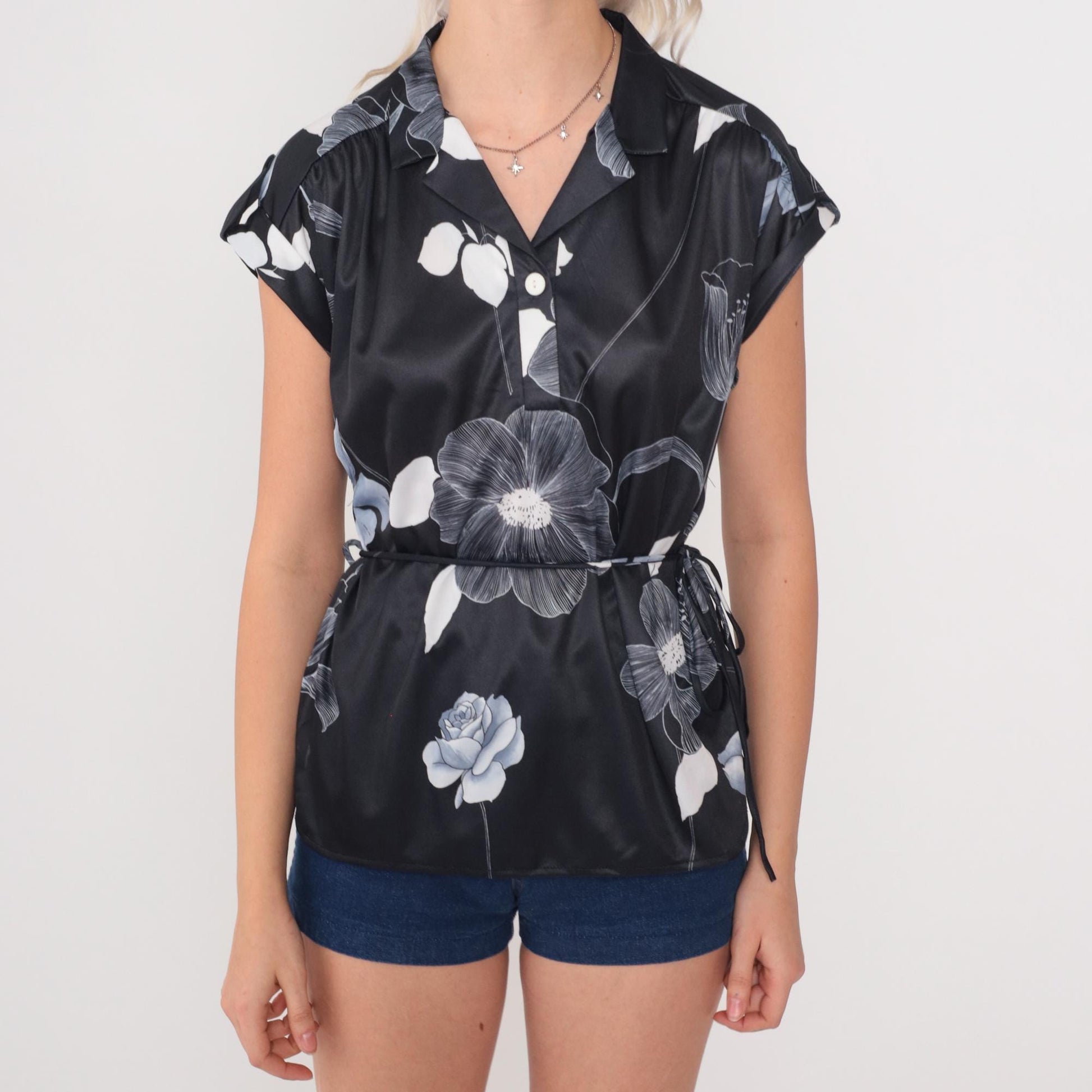 80s Black Floral Satin Blouse V-Neck Tie Waist Button Down Medium