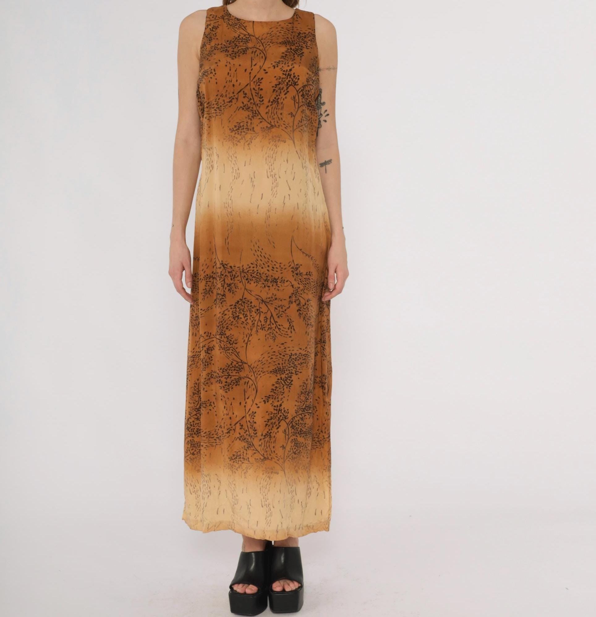 90s Karin Stevens Ombre Maxi Dress Brown Tan Botanical Sleeveless Medium M