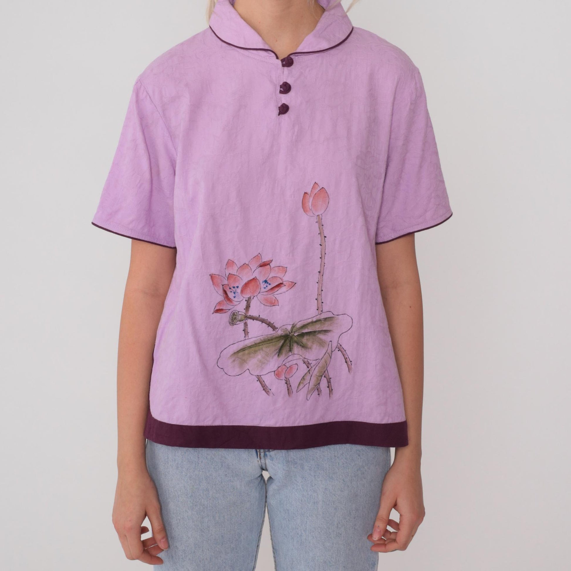 Y2K Lotus Flower Silk Henley Top Lavender Purple Piping Short Sleeve Large L