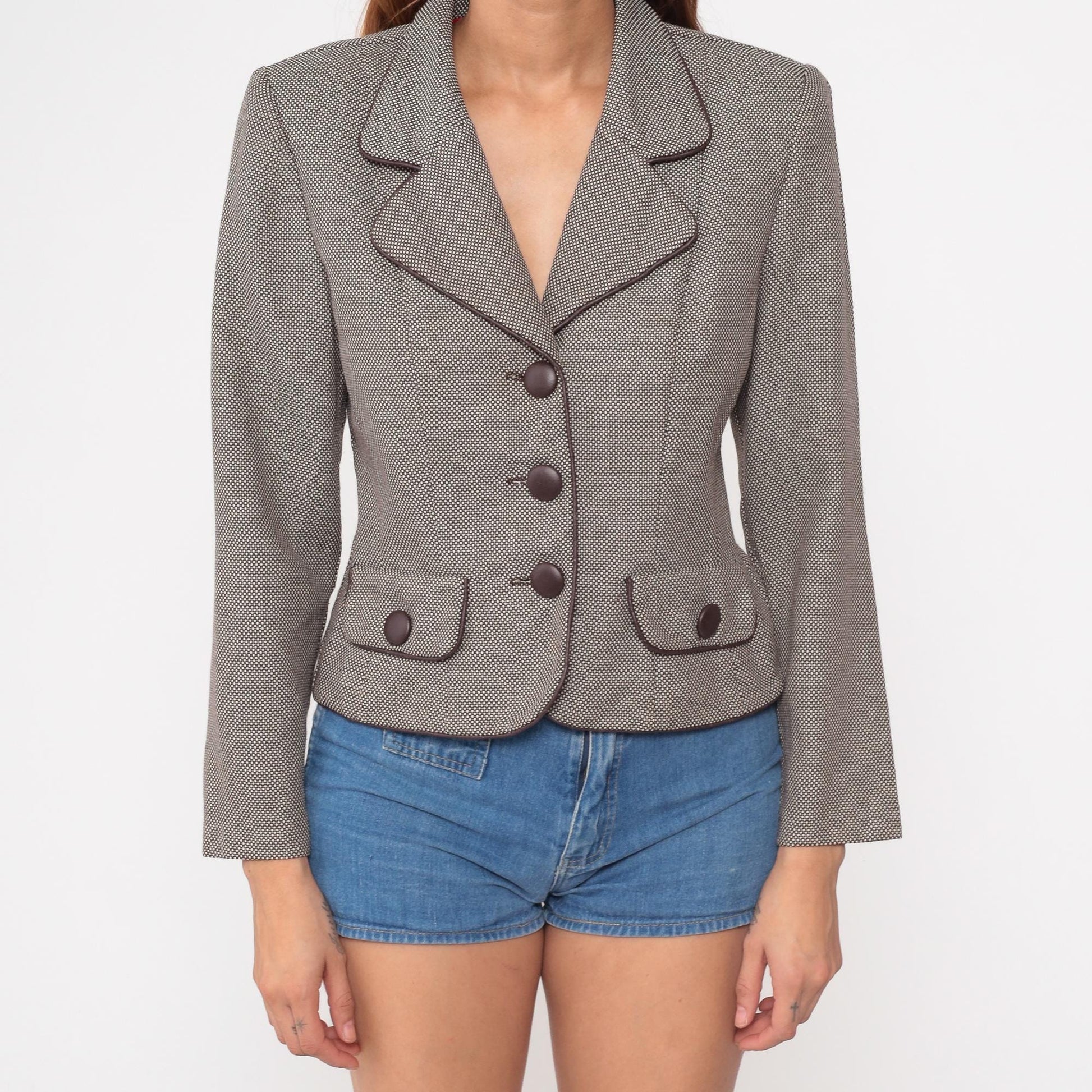 80s Dani Max Petite Cropped Blazer Taupe Brown Micro Check Small S