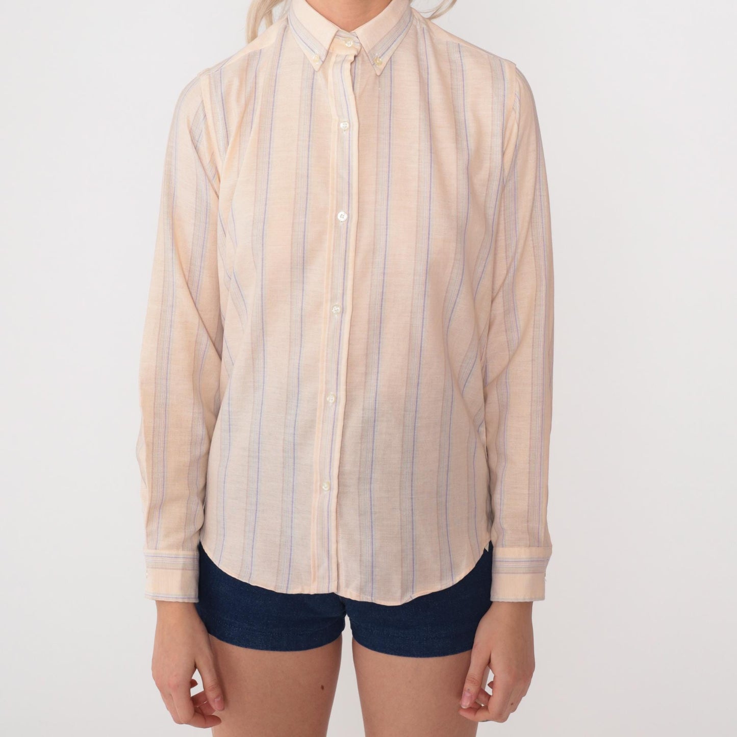 80s Mr Witt Striped Button Down Oxford Shirt Cream Lavender Blue Small S