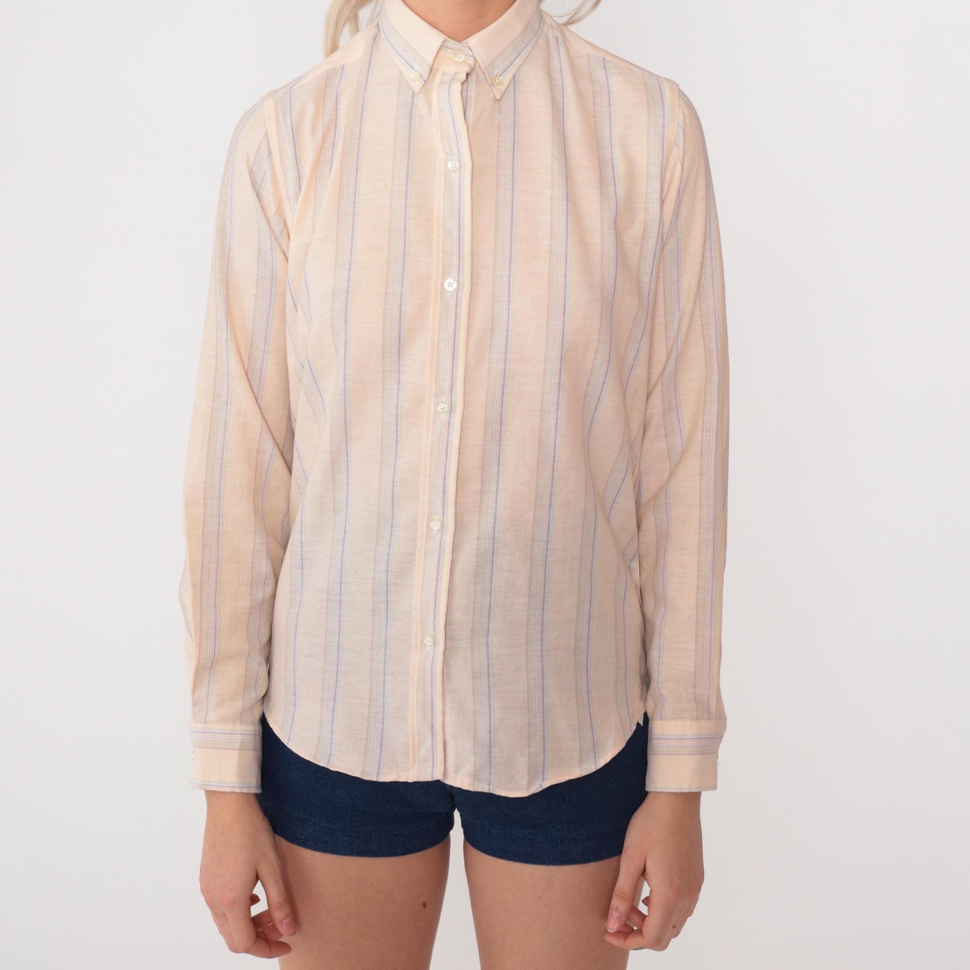 80s Mr Witt Striped Button Down Oxford Shirt Cream Lavender Blue Small S