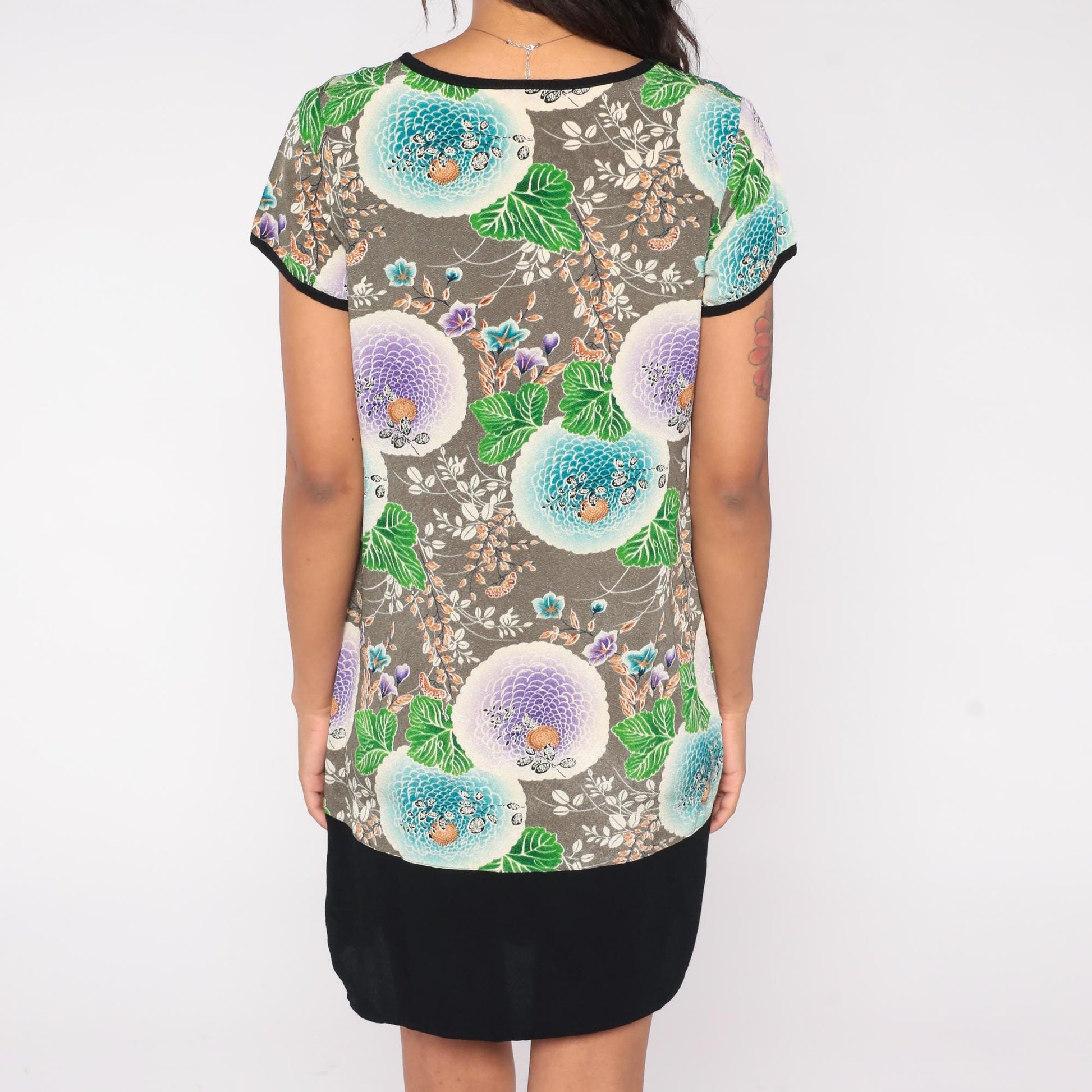 90s Floral Mini Dress Grey Turquoise Lilac Leaf Print Ringer Trim Small S