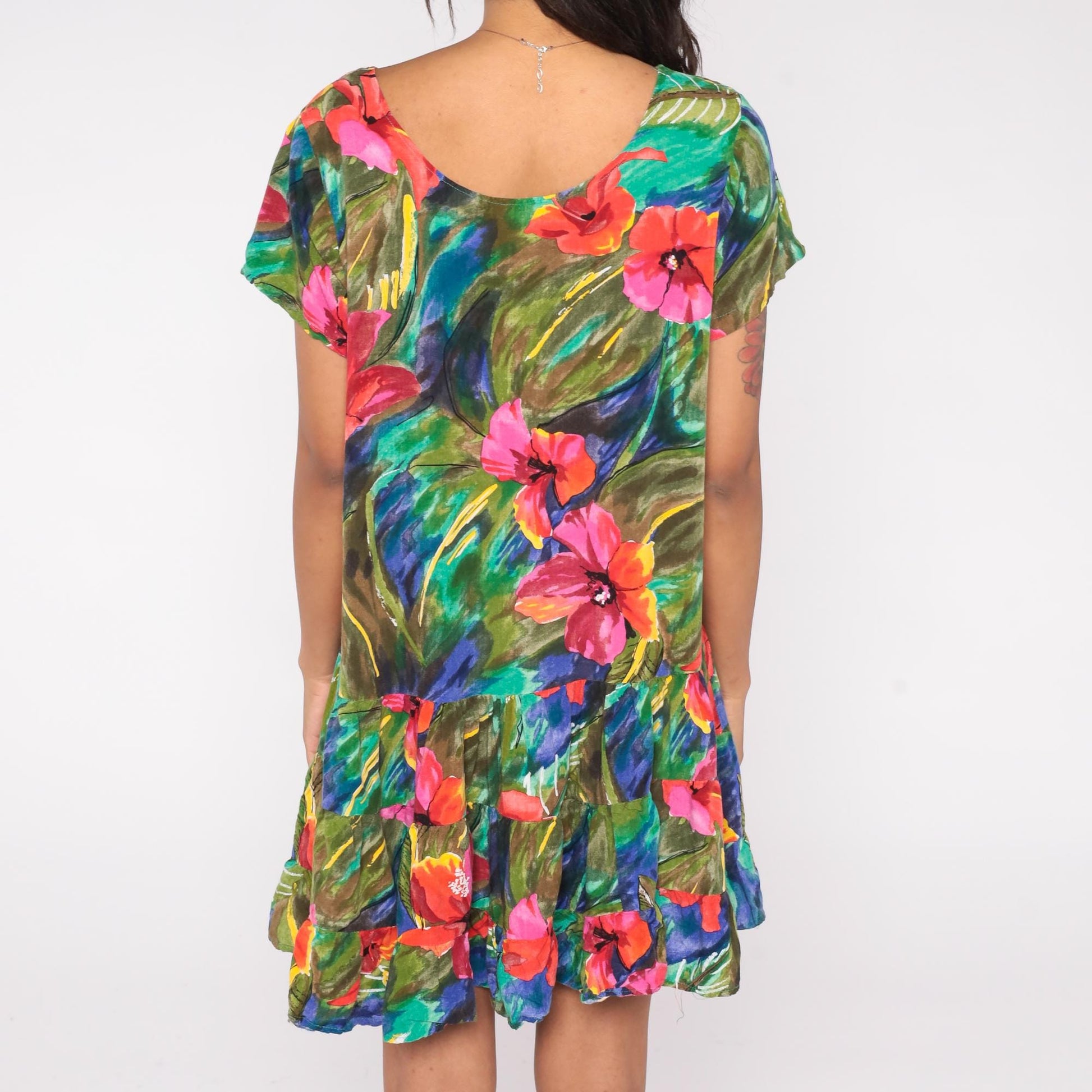 90s Jacqueline Studio Hibiscus Mini Dress Coral Pink Floral Rayon Medium