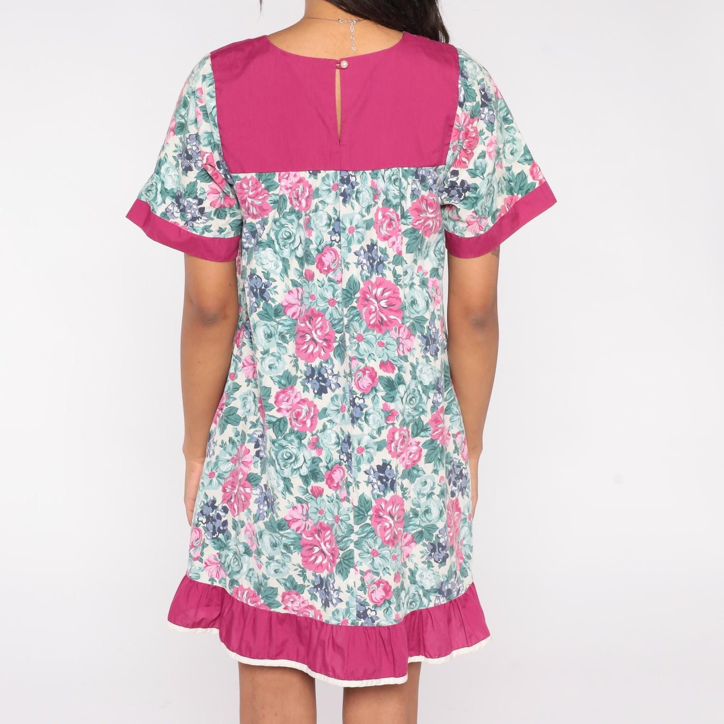 80s Floral Mini Dress Pink Rose Navy Flowers Fuchsia Trim Keyhole Medium