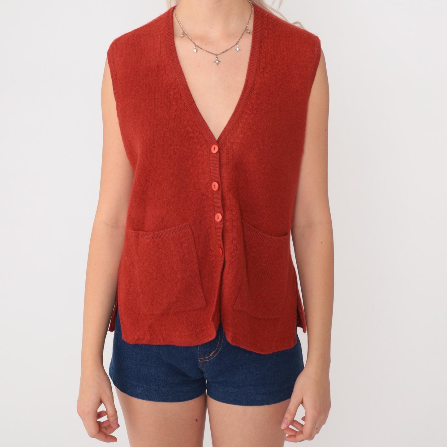70s Wool Sweater Vest Orange Button Front V-Neck Knit Medium M
