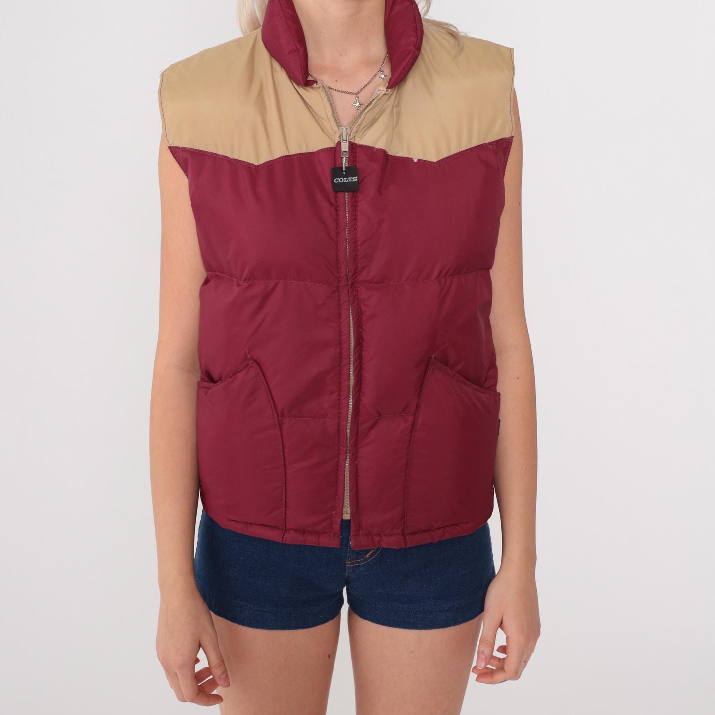 80s Pacific Trail Down Puffer Vest Burgundy Tan Yoke Zip Small
