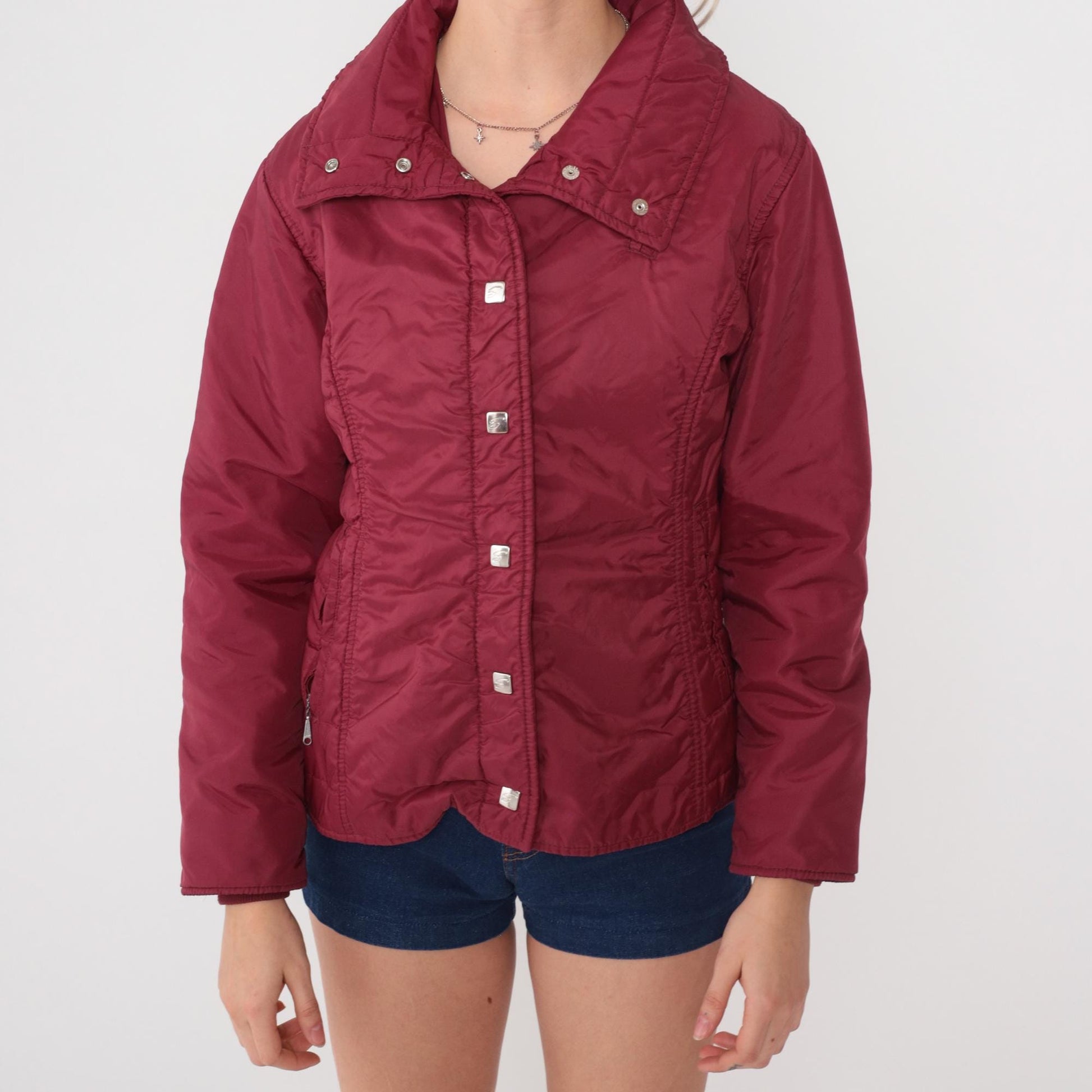 80s Sportscaster Burgundy Nylon Puffer Jacket Snap Front Small