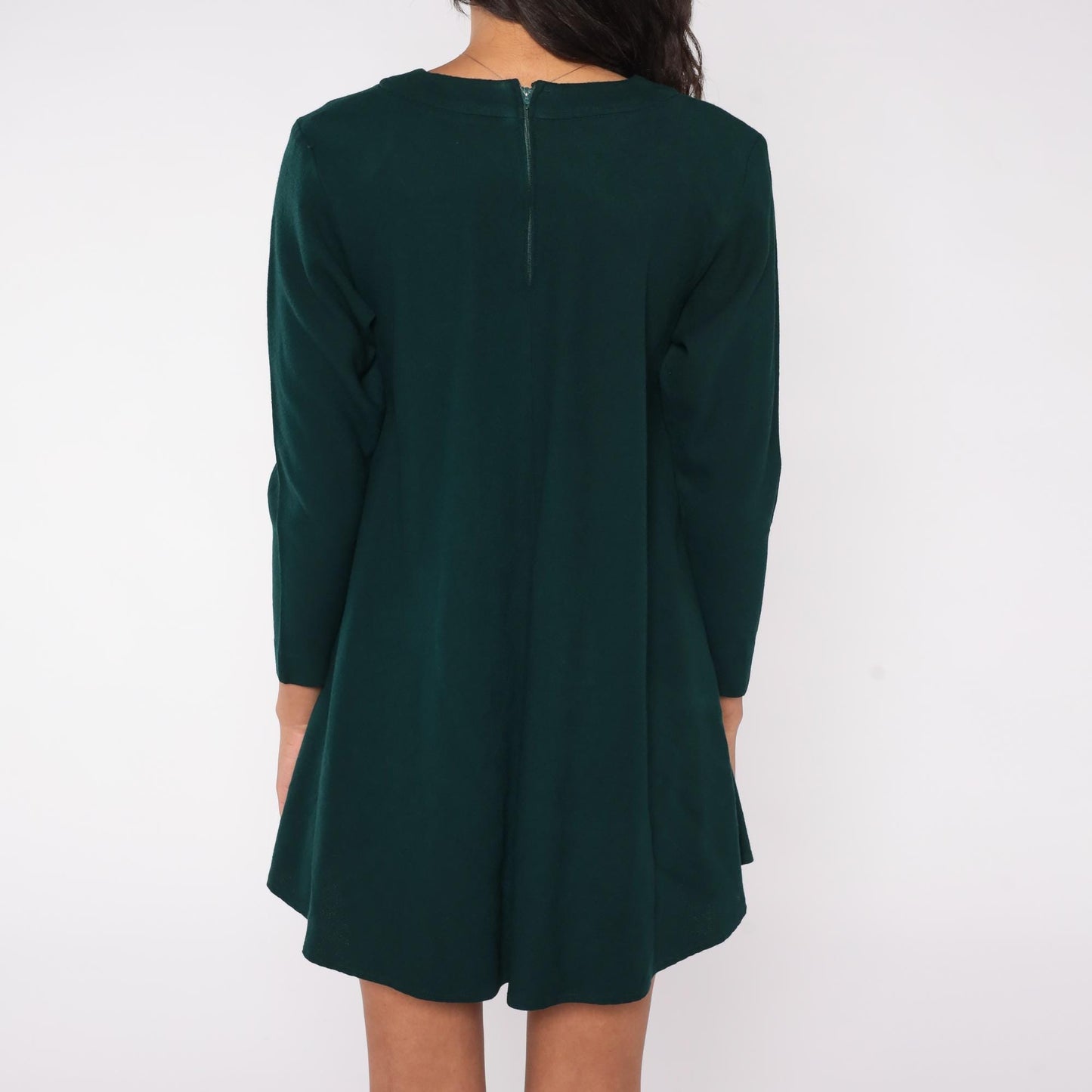 90s Forest Green Wool Blend Mini Dress Long Sleeve A-Line Back Zipper Small
