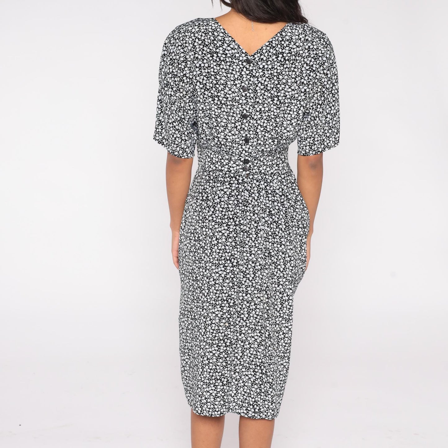 90s Warren Z Black White Leaf Print Midi Dress Fitted Waist Tulip Hem Medium
